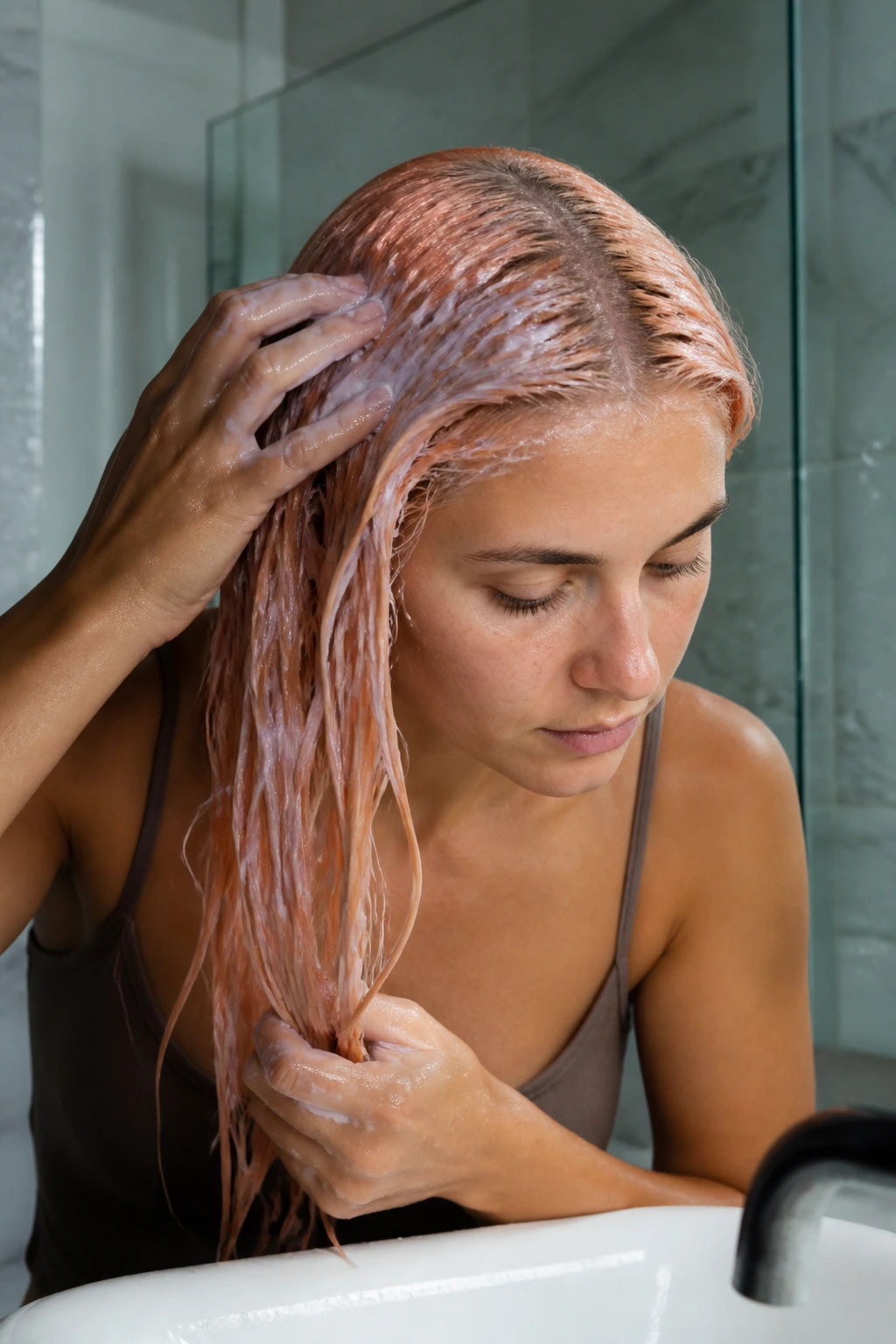 Real person applying color-depositing conditioner to peach nude hair in a bathroom.