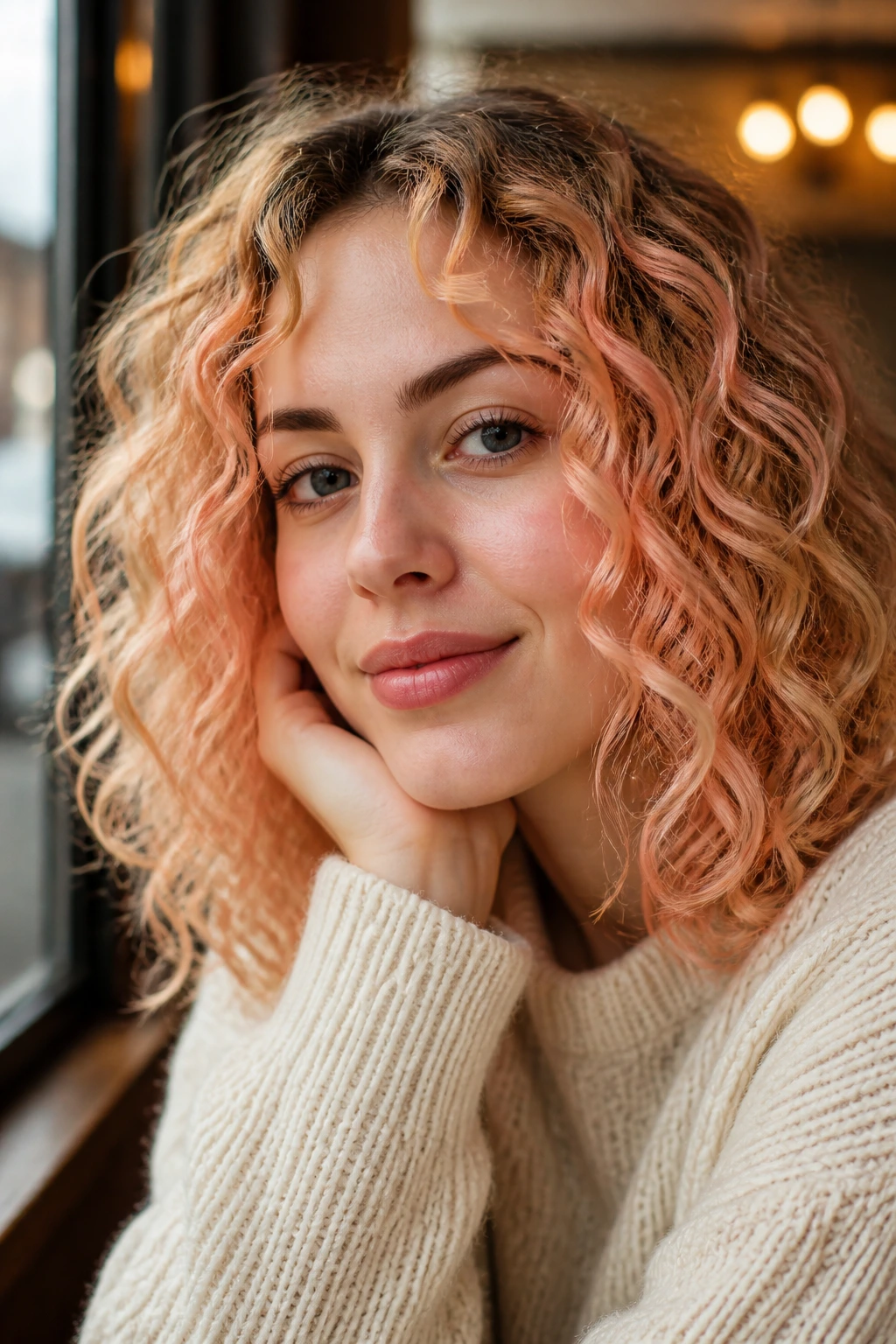 Close-up of a real person with peach pastel streaks in curly hair.