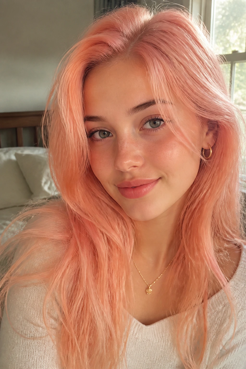 Close-up portrait of a real person with soft peachy pink hair in warm window light