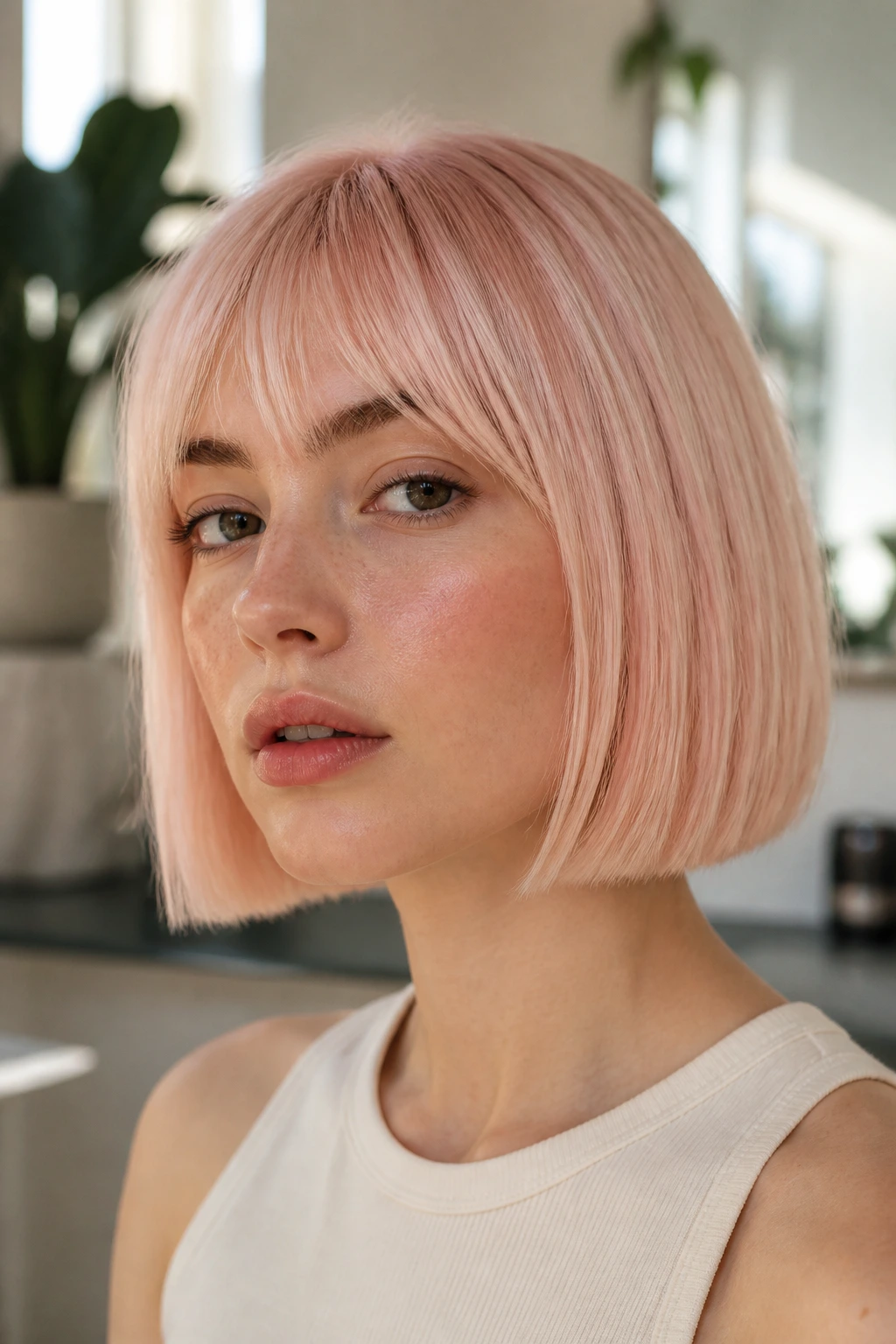 Real person with a blunt bob in milky peachy-pink tones