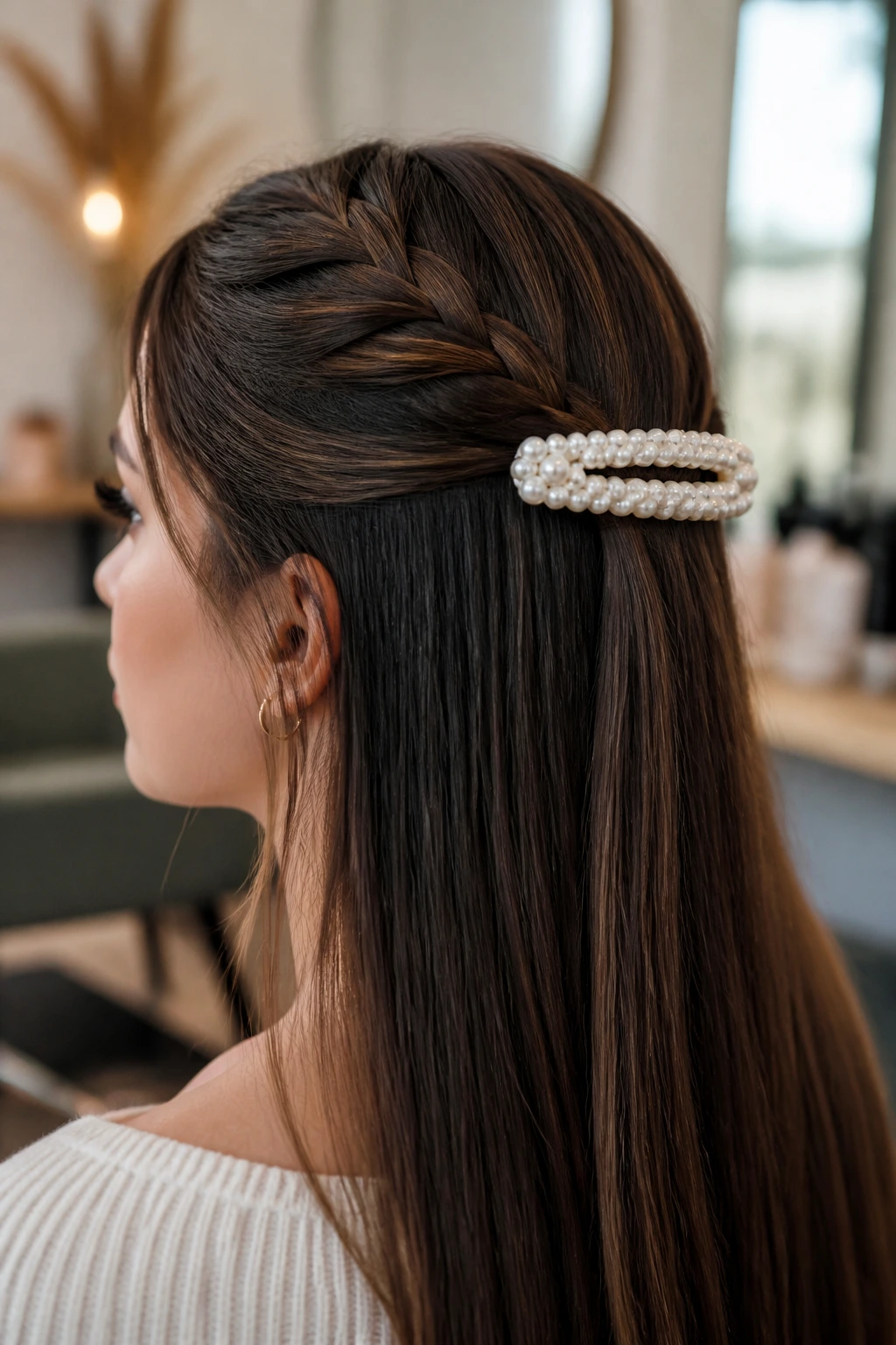Close-up of a real woman with a half-up braid secured by a pearl barrette
