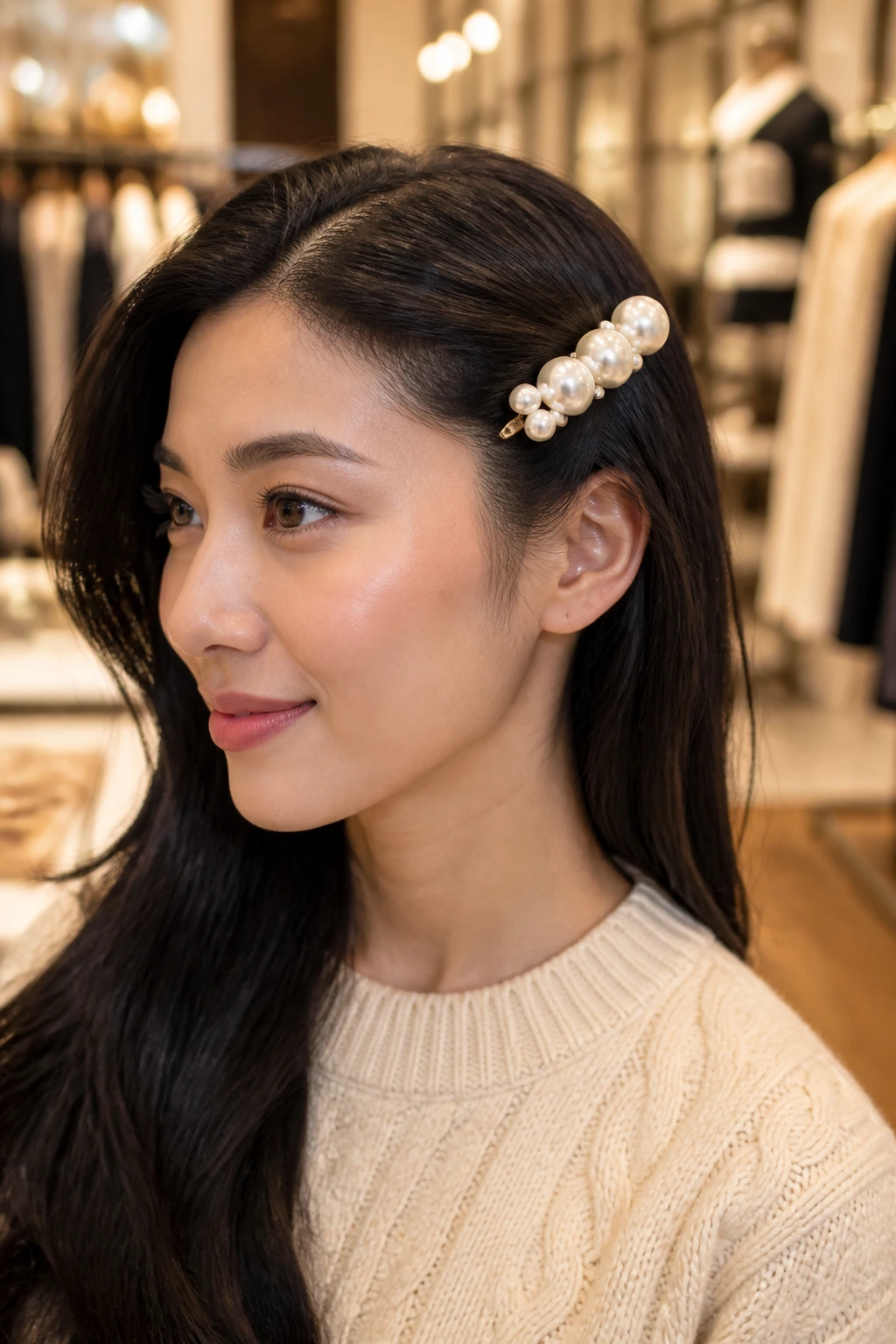 Close-up portrait of a person with side-swept hair and an oversized pearl barrette