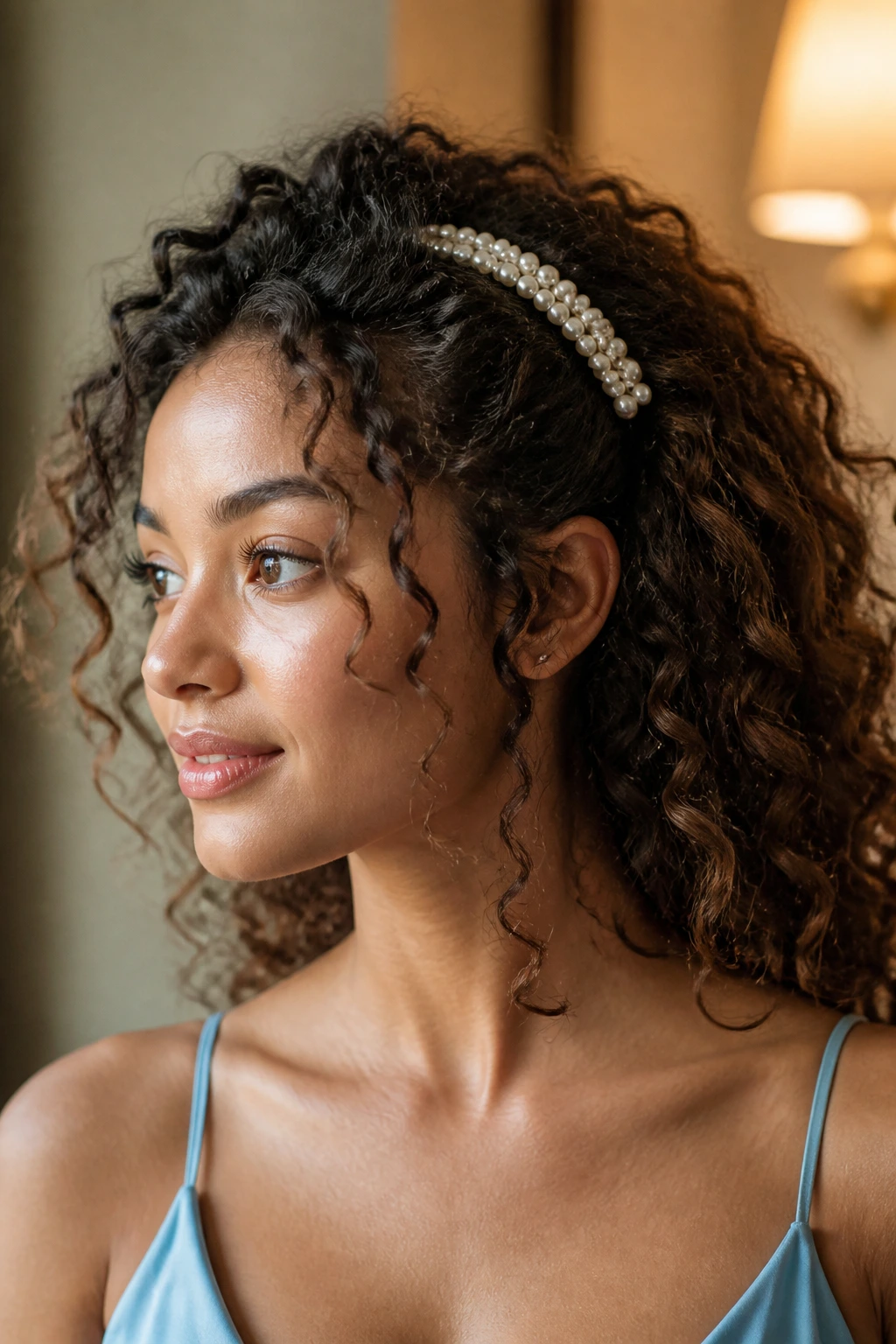 Close-up of pearl-studded barrette in curls