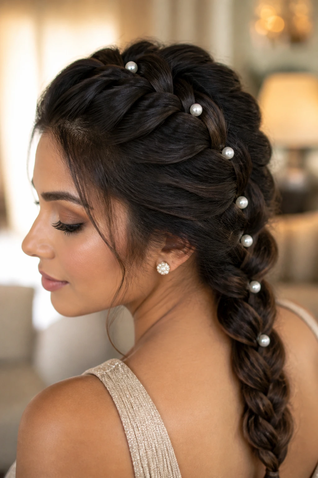 Close-up of a real woman wearing a French braid with pearl accents along the crown