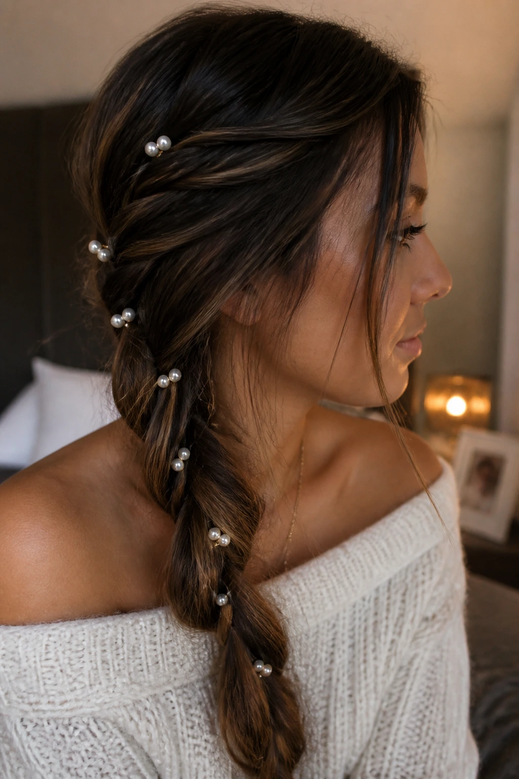 Side braid with tiny pearl pins on a real person