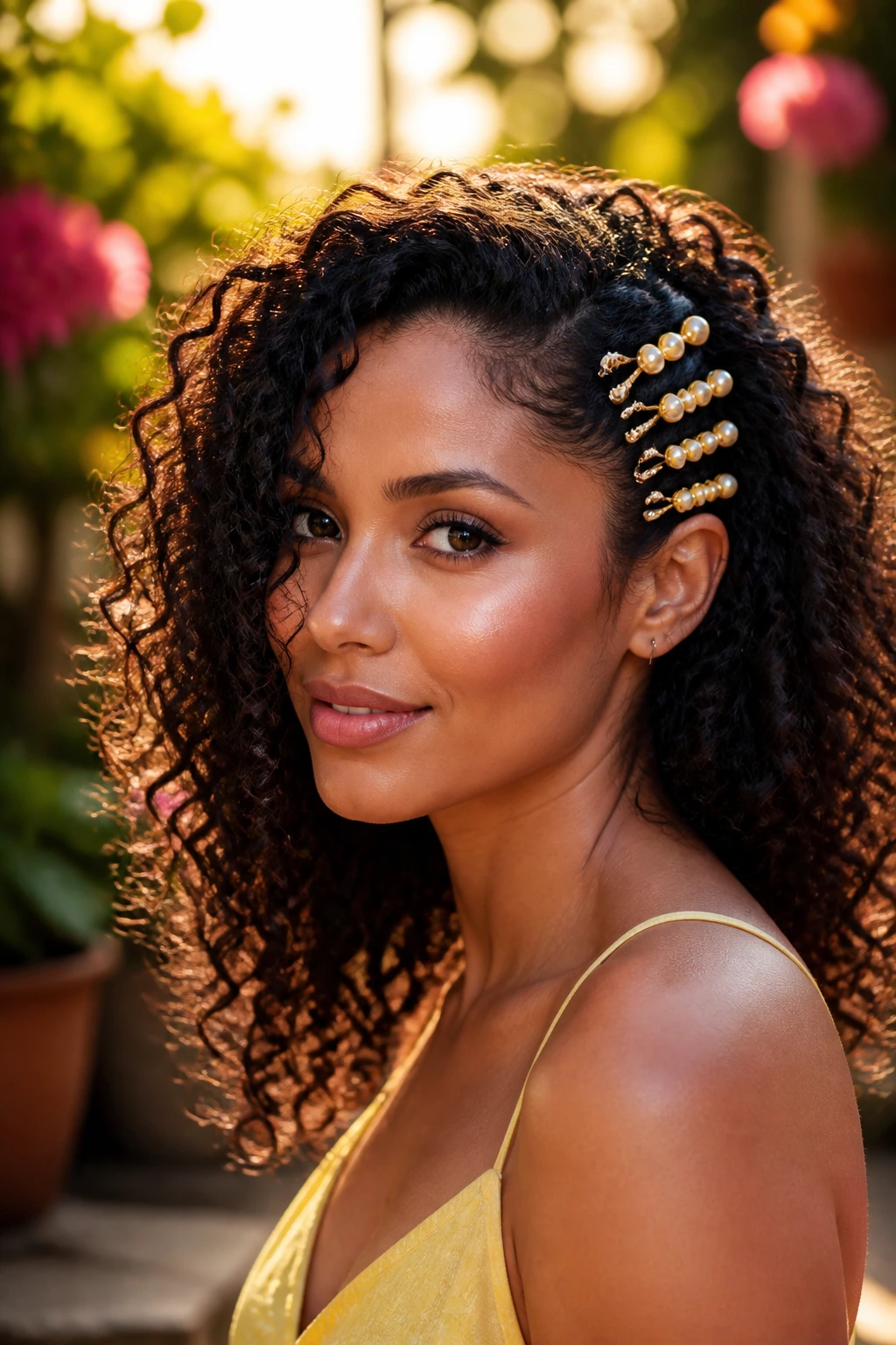 Close-up of pearl-studded pins on deep side part of real woman's hair