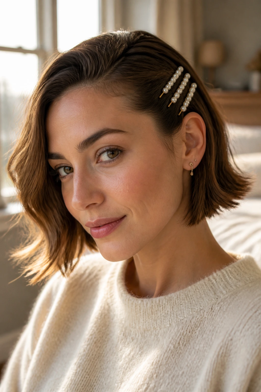 Close-up of a real woman with a side-swept pearl pin look behind her ear