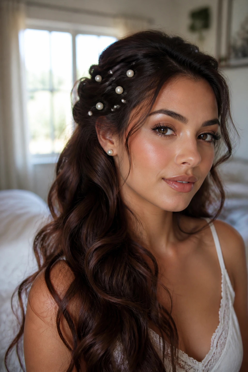 Close-up of deep waves with asymmetric pearl accents near the temple