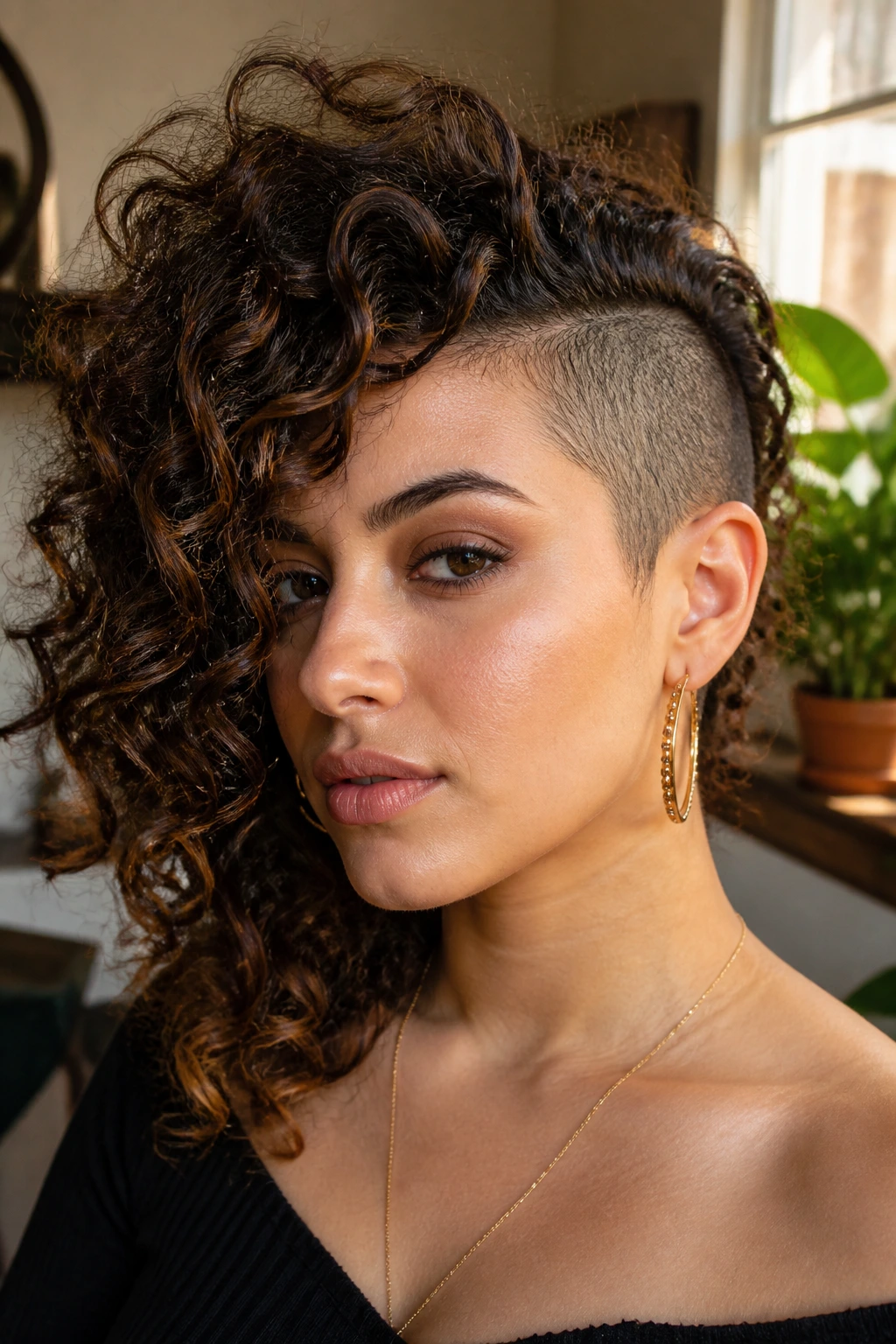 Real person with curly peek-a-boo cut: long layered side opposite a shaved side.