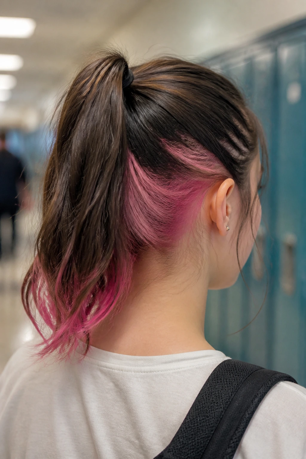 Back-of-head portrait of a real woman showing pink underlayer in a peek-a-boo hairstyle in a school setting.