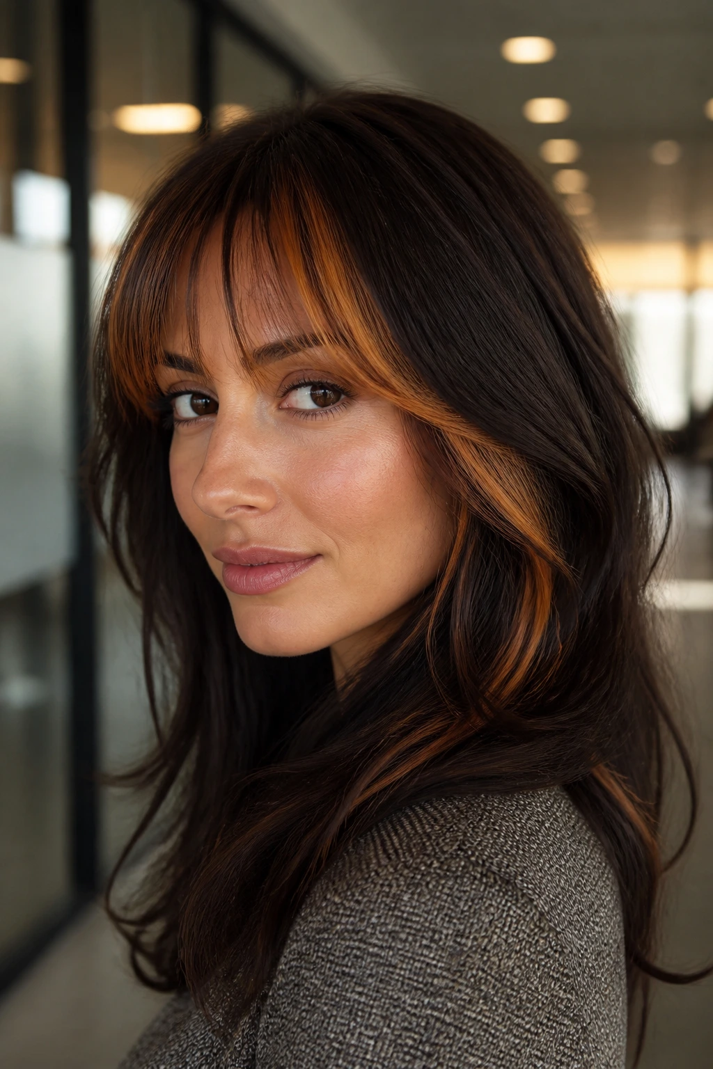 Close-up portrait of a woman with dark chestnut hair and golden peekaboo bangs.