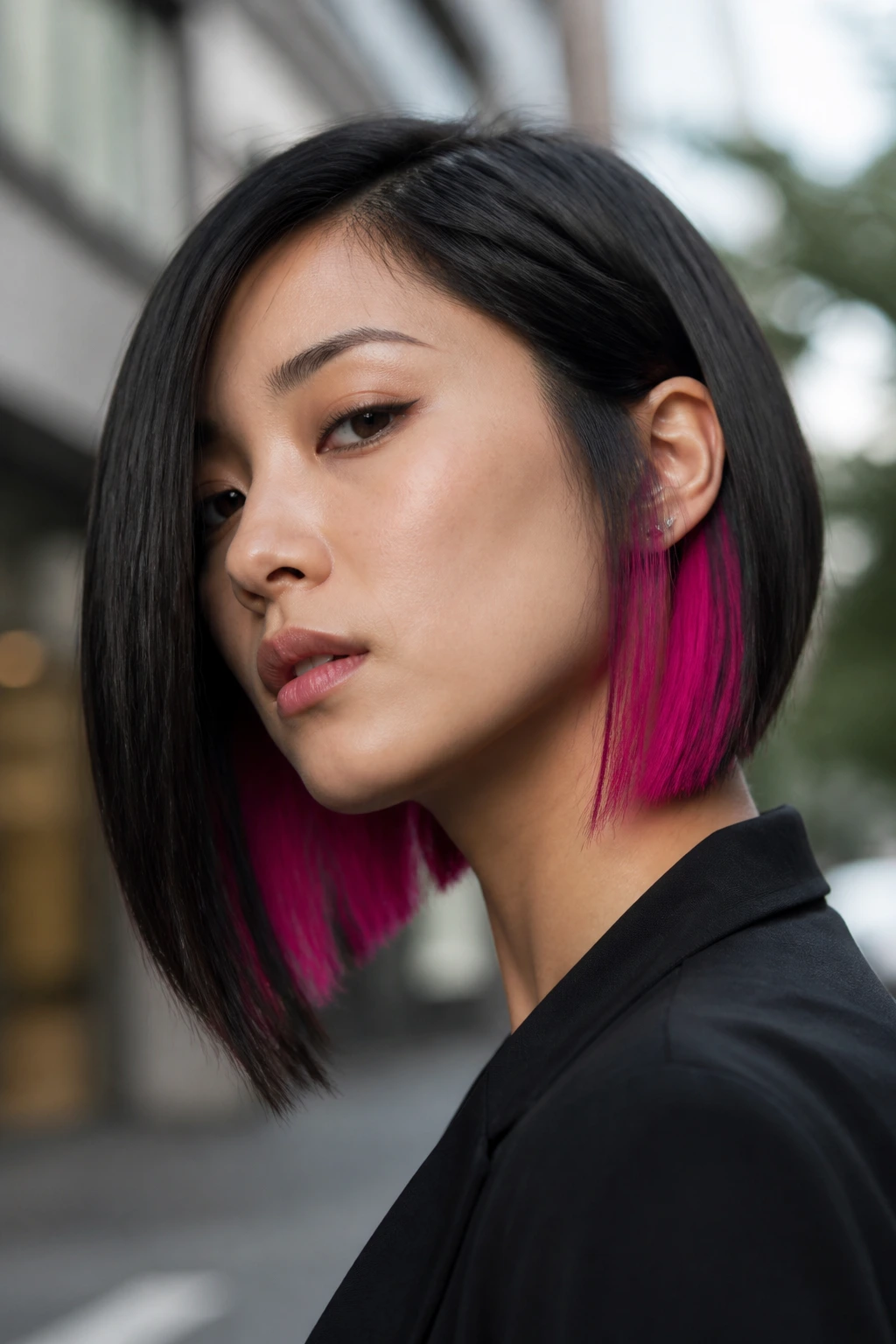 Medium close-up of a woman with an asymmetrical blunt bob showing neon peekaboo color