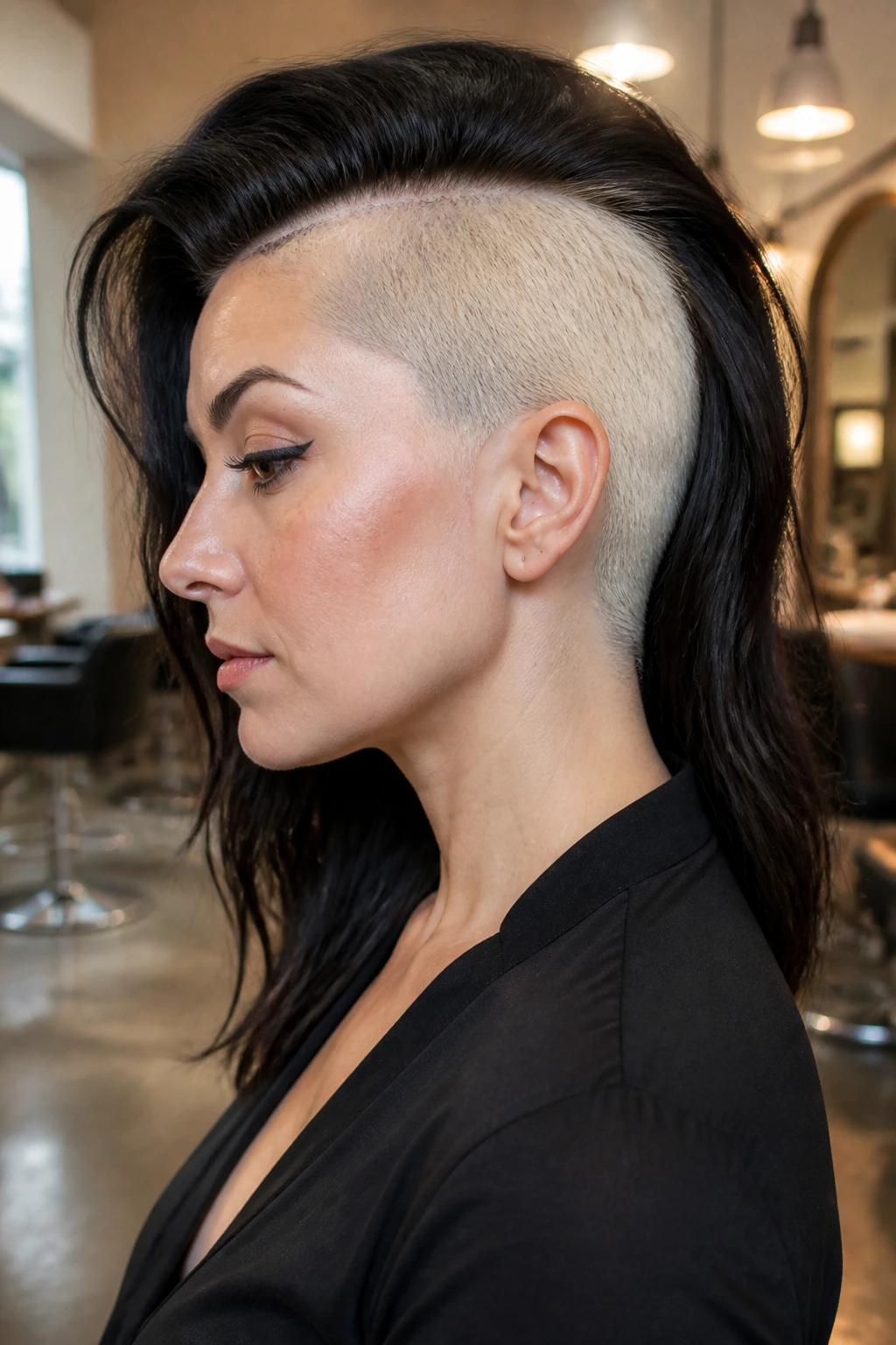 Side-profile of platinum blonde shaved undercut against dark hair