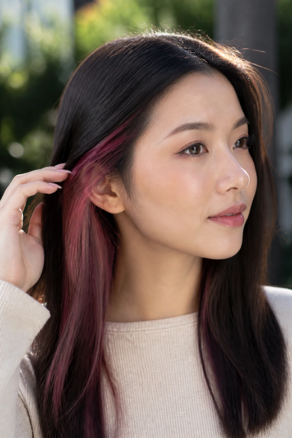 Close-up of a real woman with hidden color peekaboo strands behind the ears in daylight.