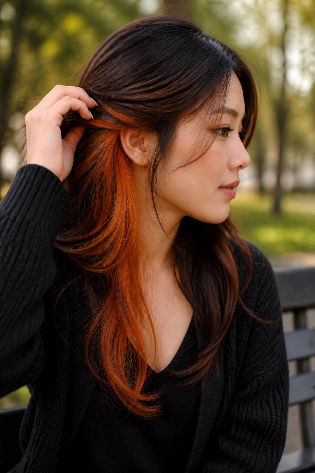 Woman with copper peekaboo pieces visible beneath top hair layer