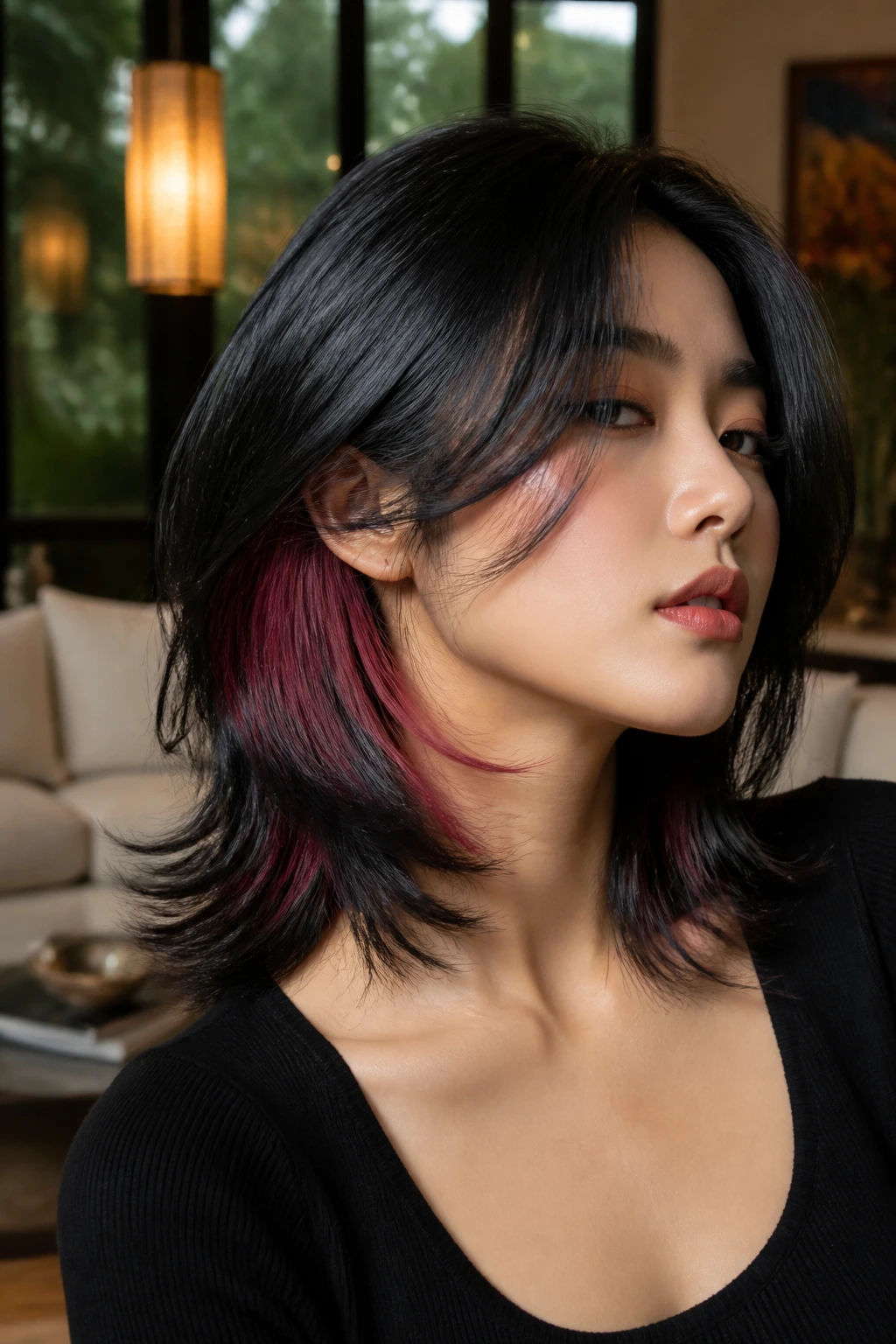 Portrait of a person with peekaboo highlights in jet-black hair