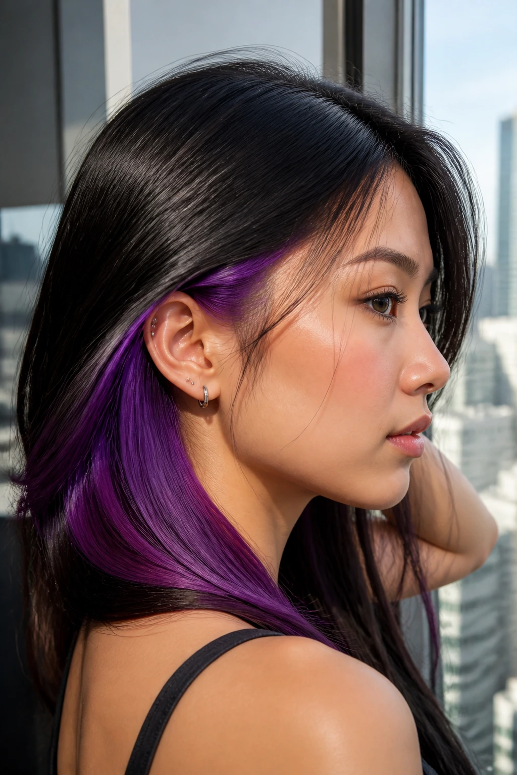 Close-up of an Asian woman with violet peekaboo highlights under the top layer