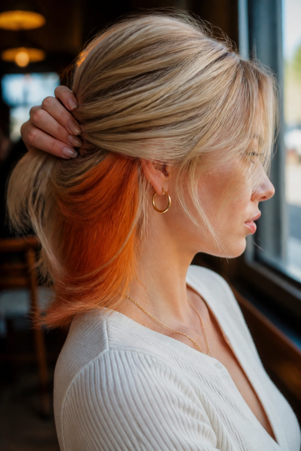 Side profile of a real woman showing hidden orange peekaboo layers under creamy blonde hair