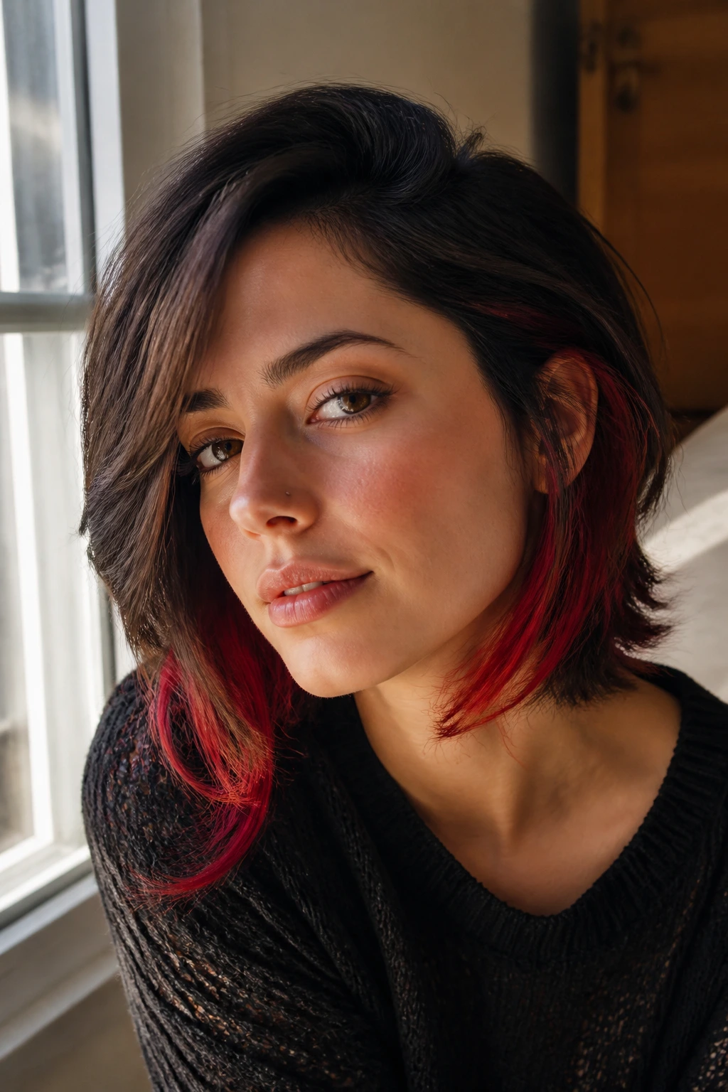 Close-up of woman with red peekaboo accents along jawline