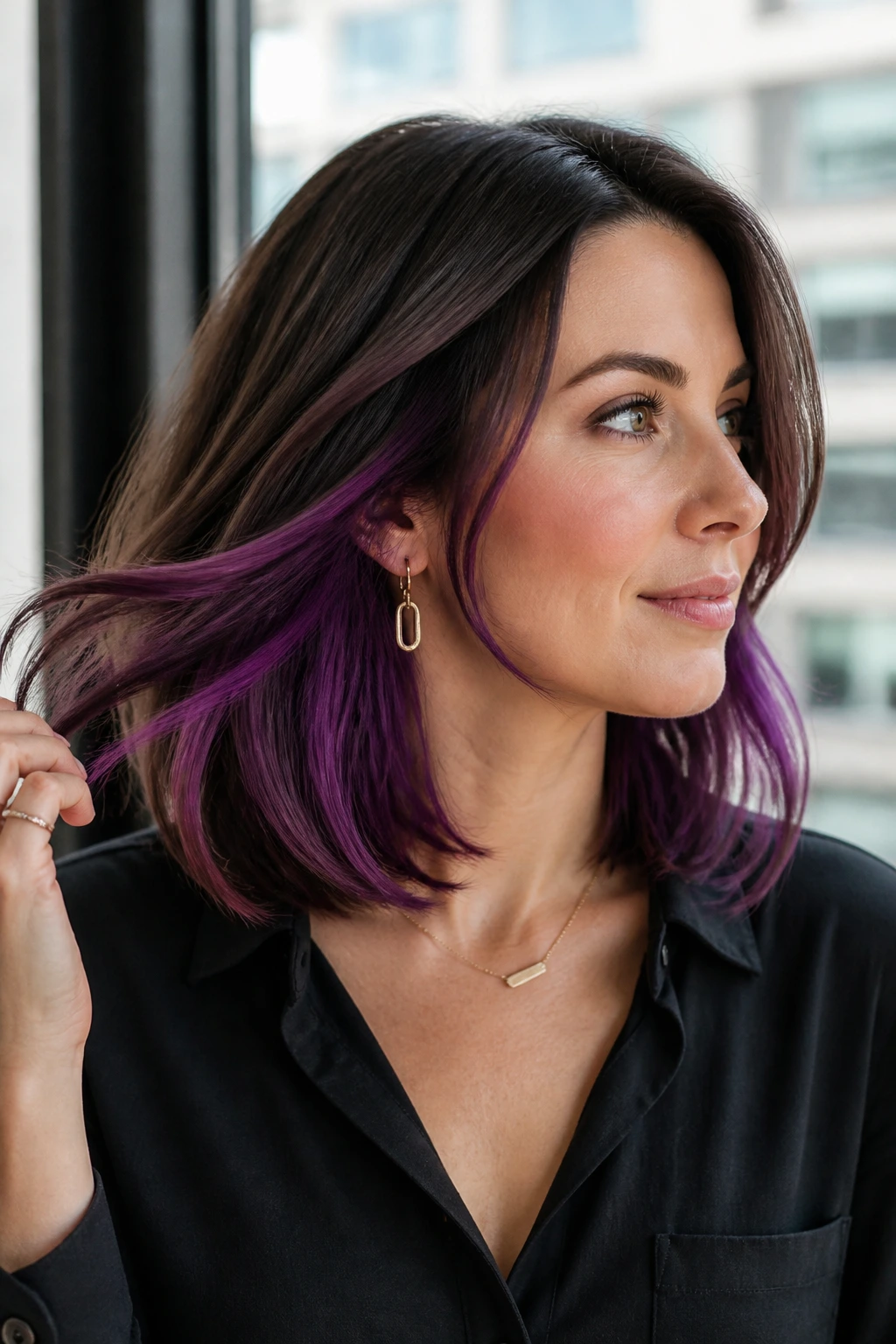 Real woman with deep grape underlayer peekaboo lob hairstyle