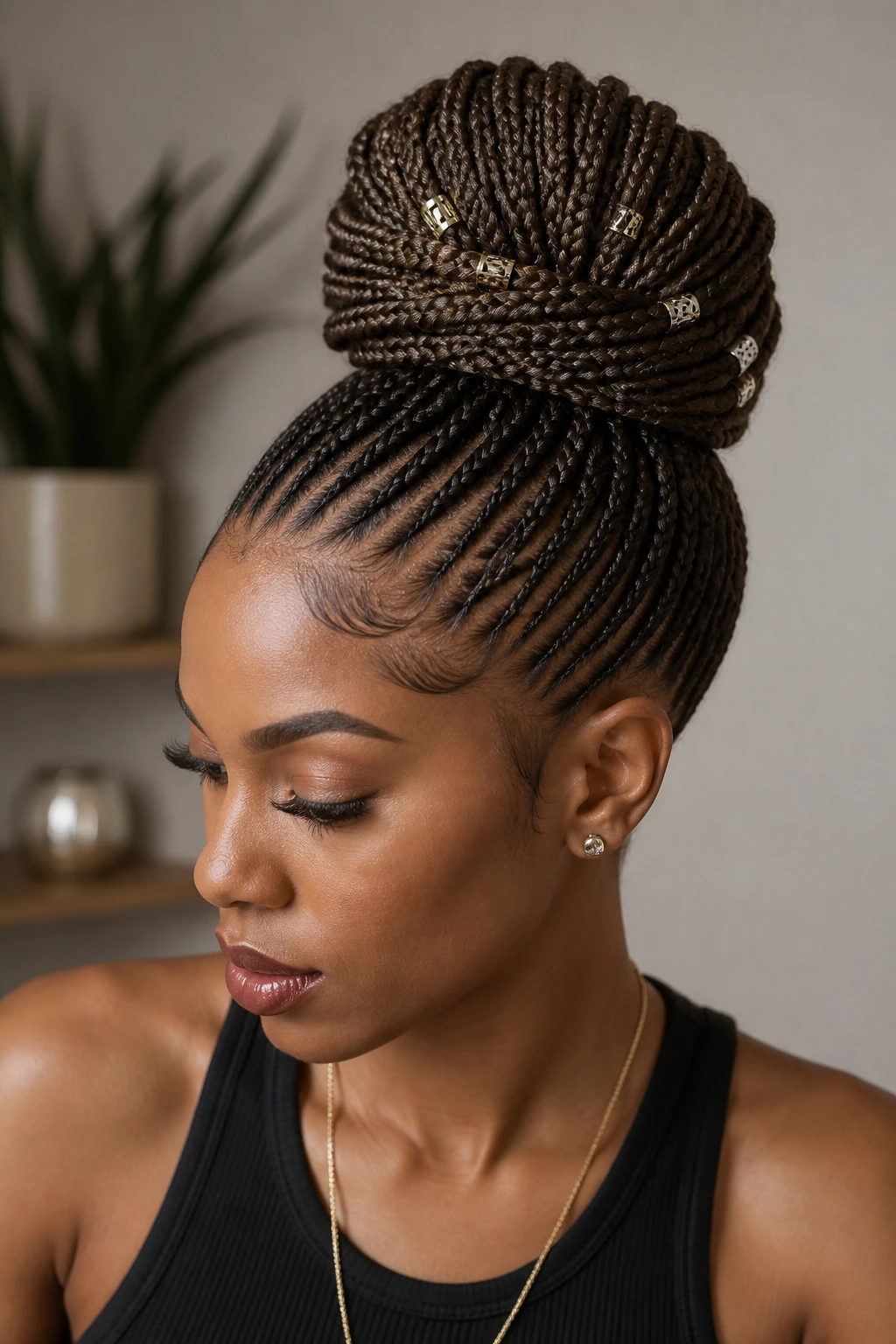 Close-up portrait of a real woman showcasing a pencil braid updo crown bun