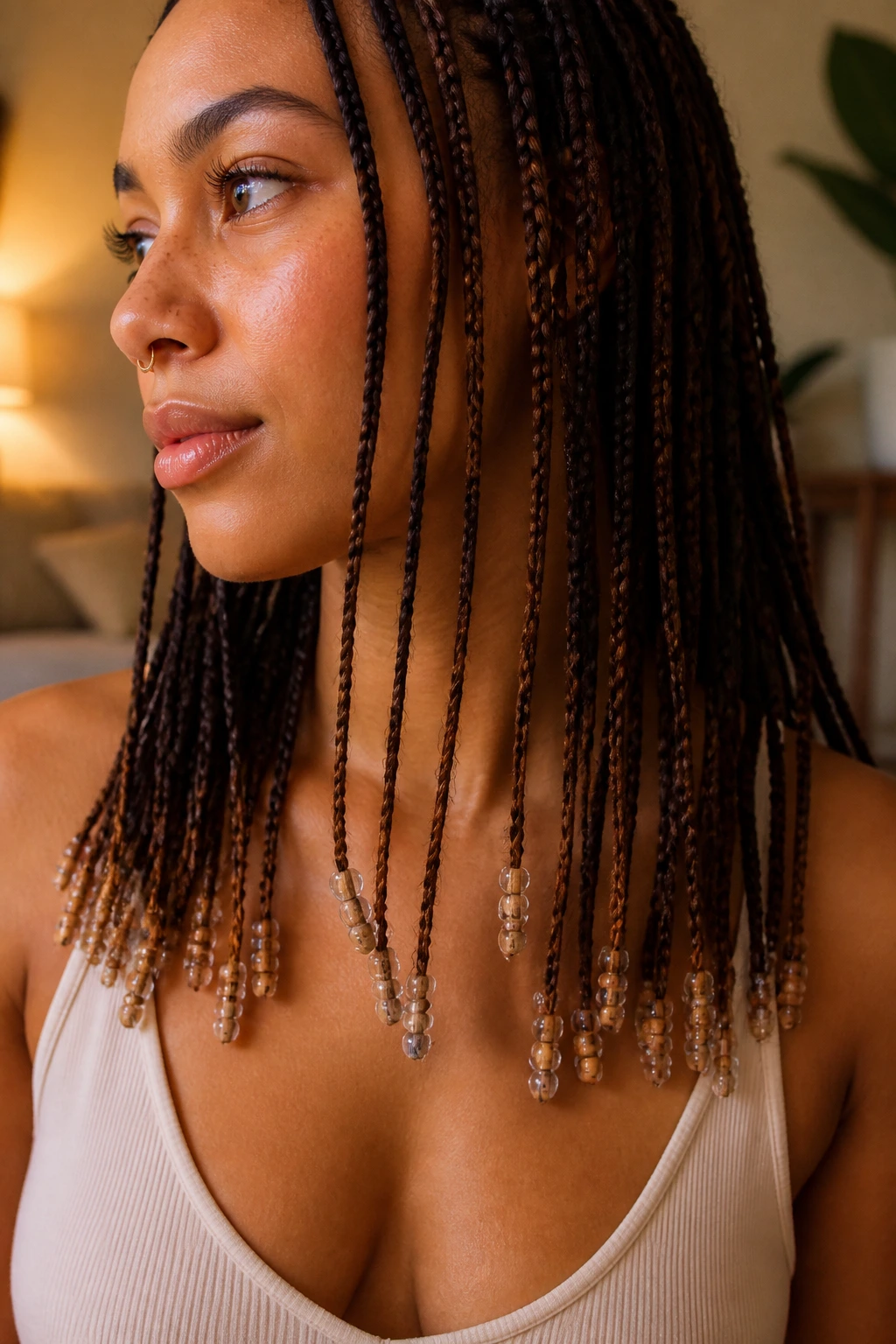 Close-up of pencil braids ending in beads with a real person