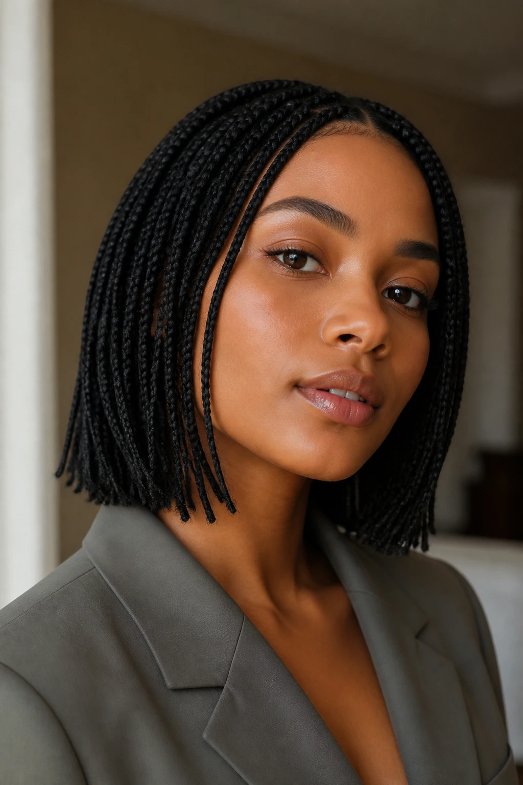 Close-up of a woman with a pencil braids bob hairstyle