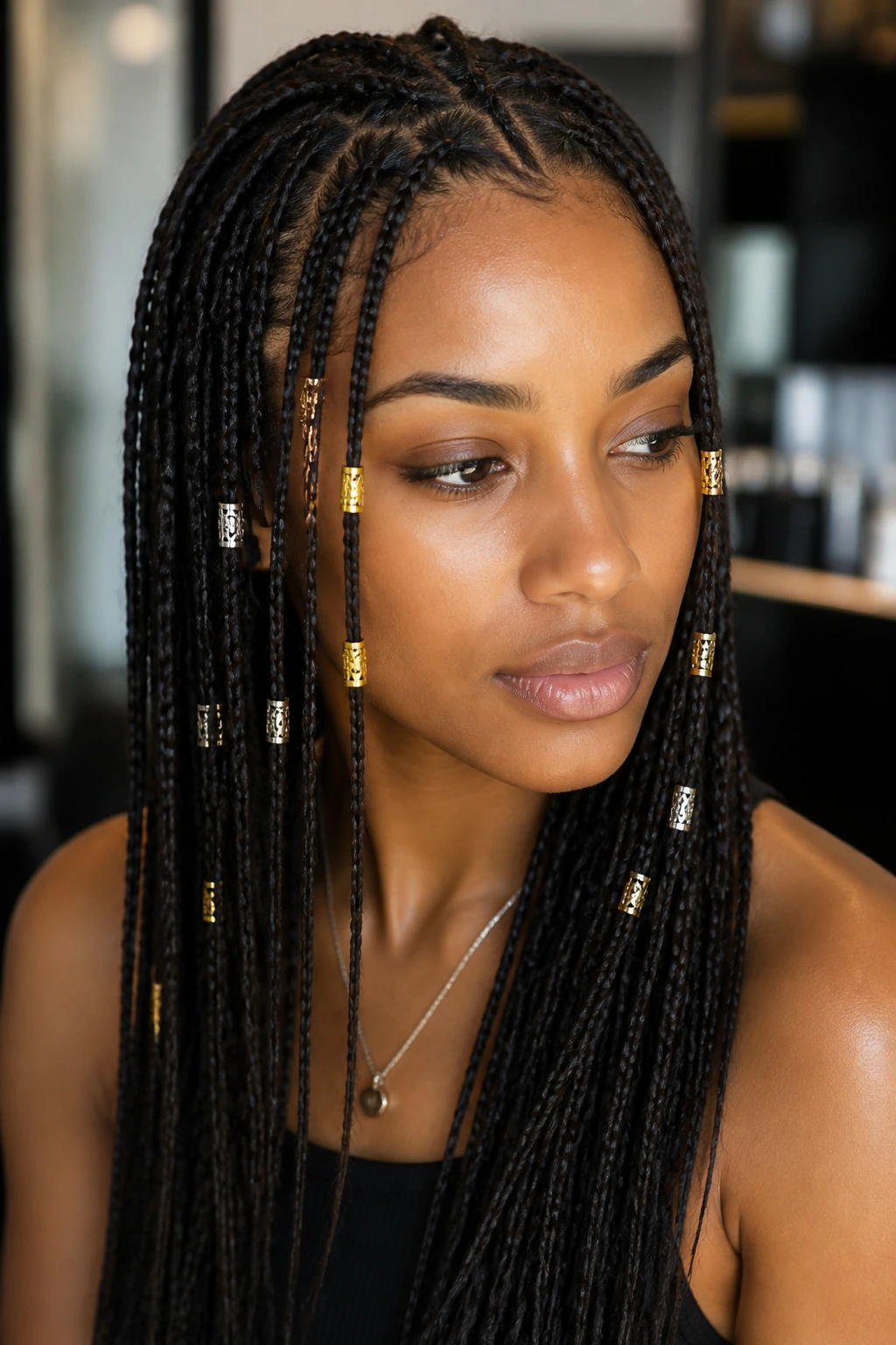 Close-up of pencil braids with gold and silver cuffs on a real person