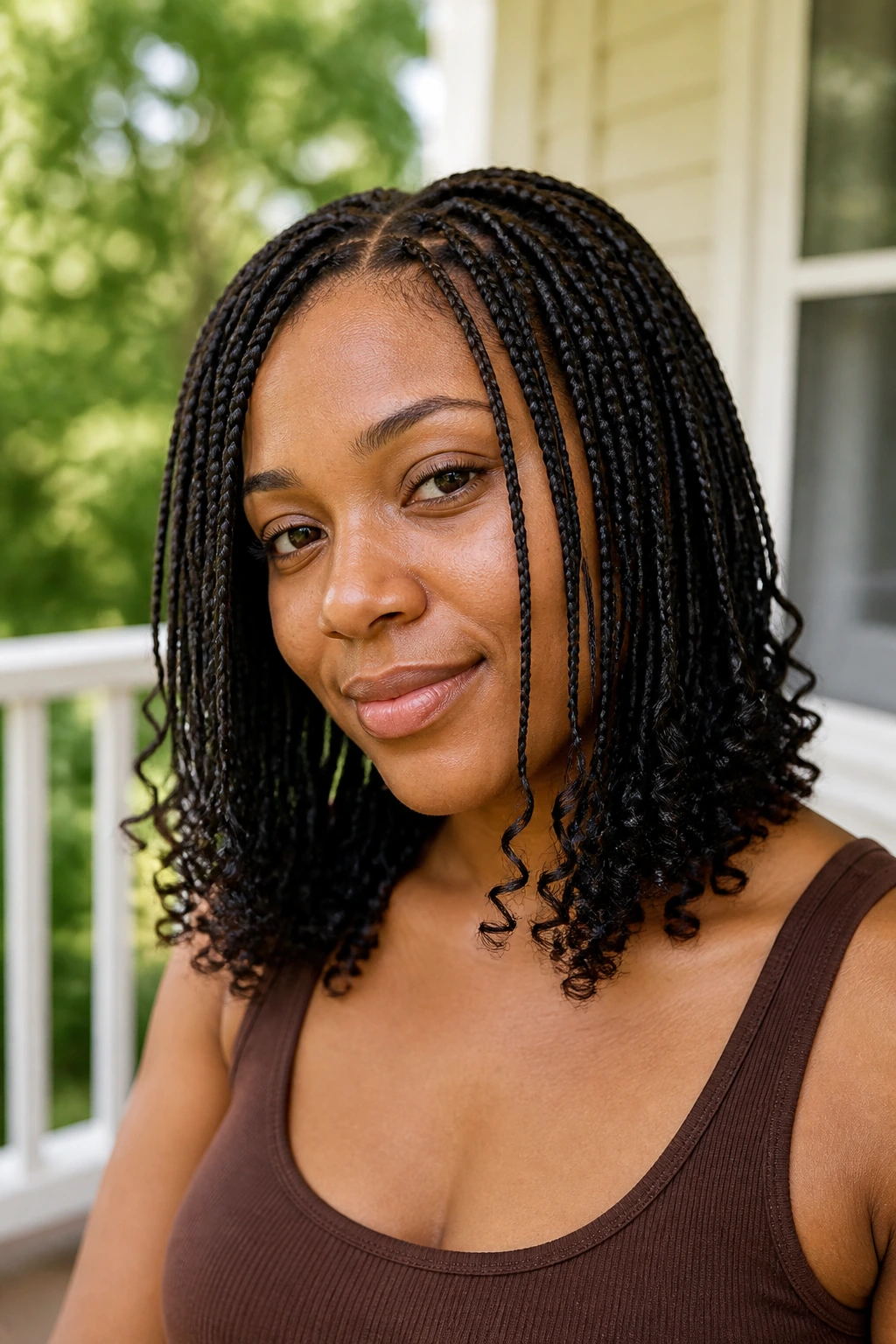 Portrait of a real woman with pencil braids ending in curly ends.