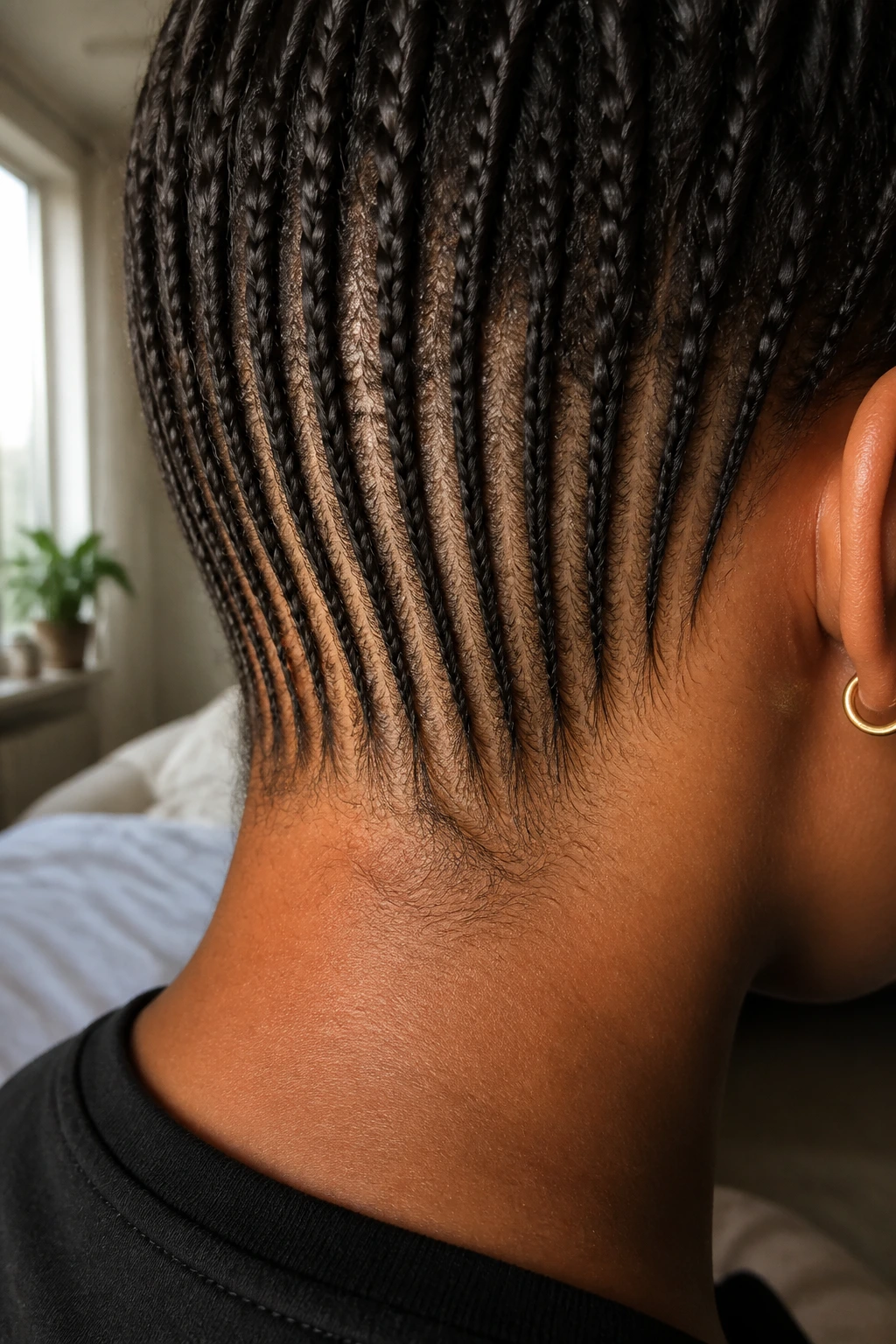 Close-up of pencil braids along the nape, showing a clean bottom line on wavy hair