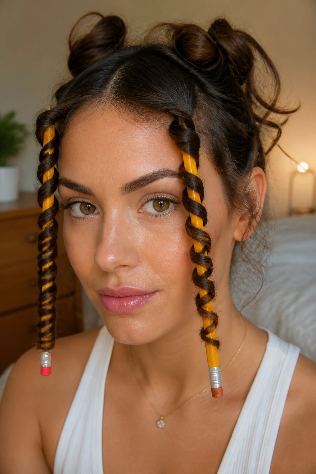 Real woman with spiral curls created using pencils