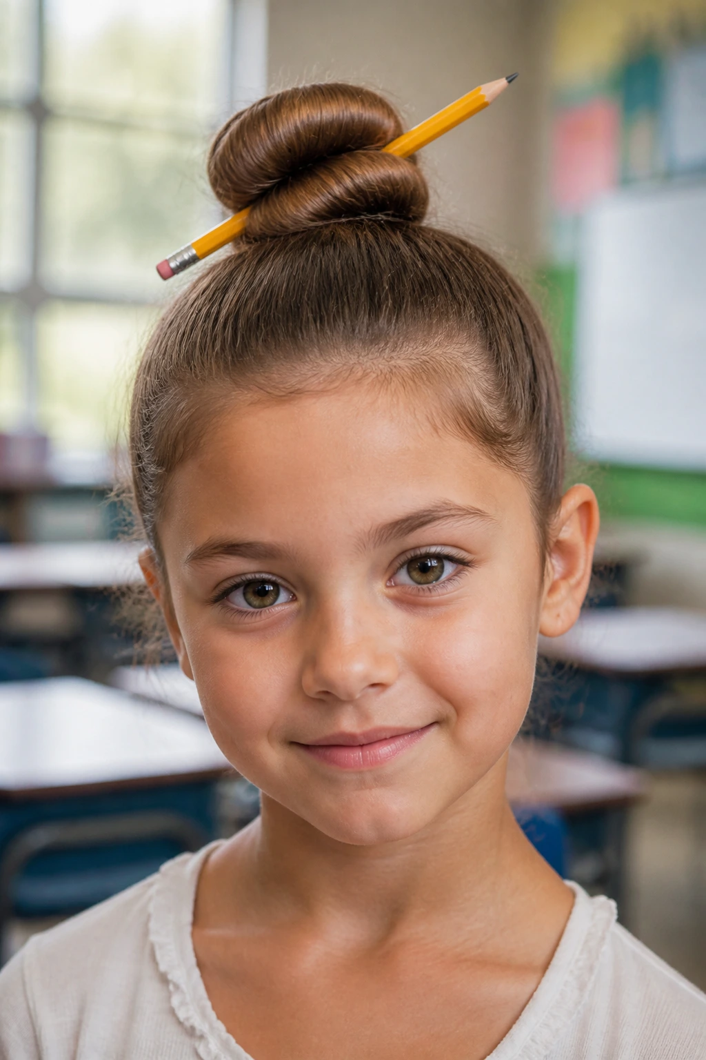 Real child with a pencil threaded through a bun in a classroom