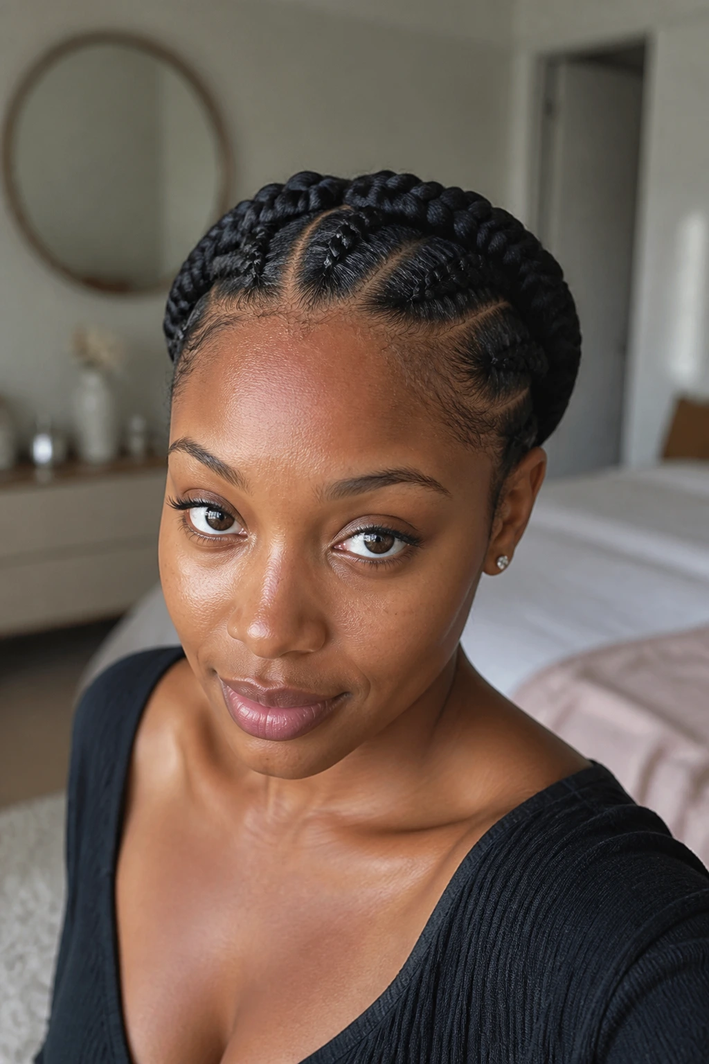 Close-up of a real woman with a perimeter braid anchor along the hairline.