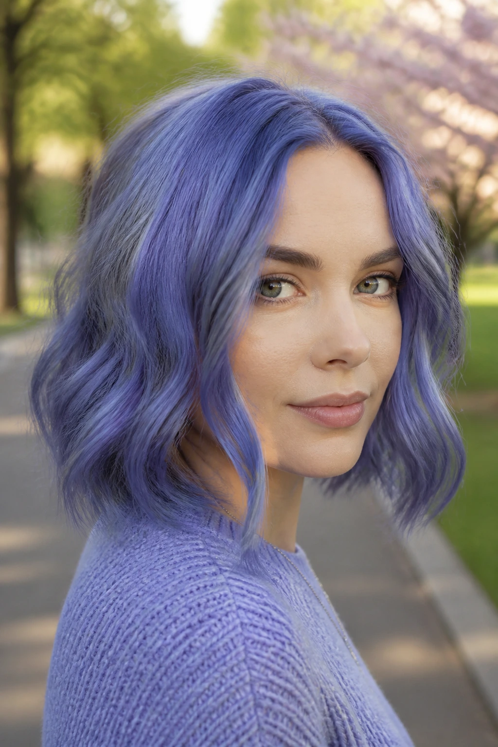 Close-up portrait of a real woman with periwinkle hair in a park setting
