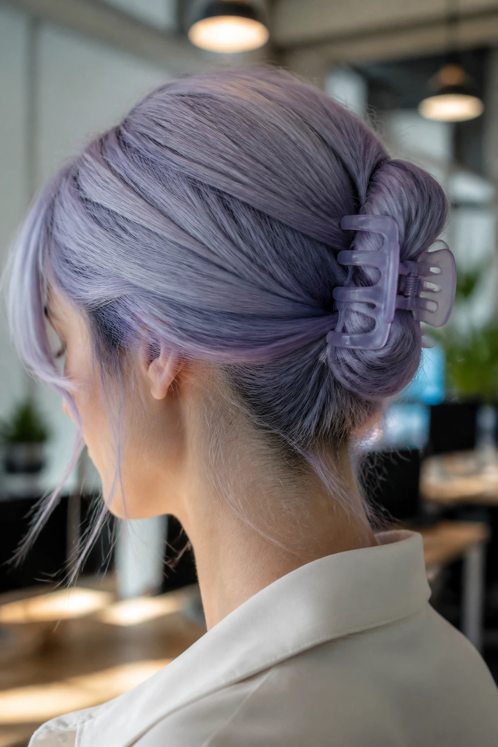 Portrait of a real person with Periwinkle Low Claw Clip Bun showing a low bun secured by a claw clip.