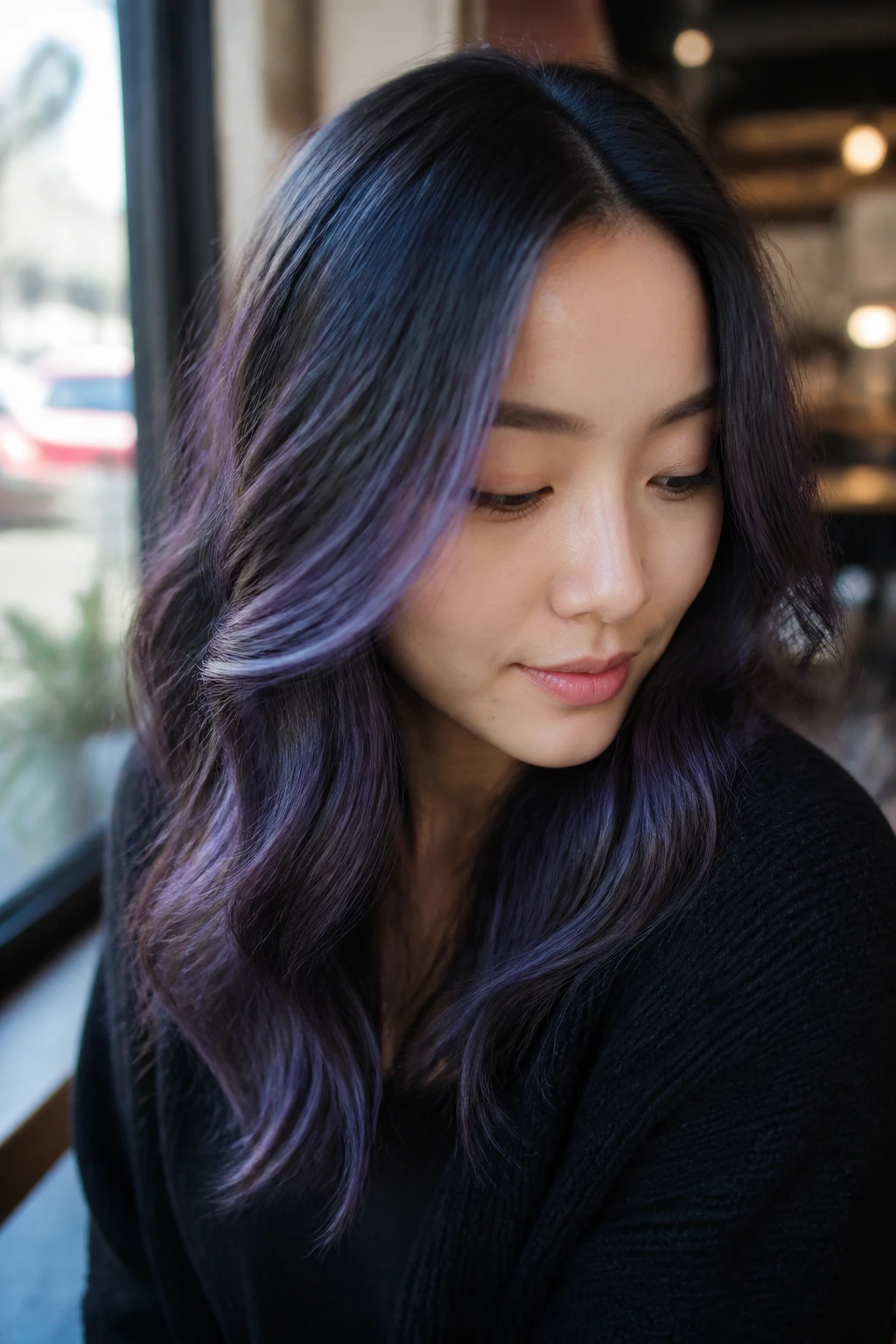 Close-up of dark Asian hair with delicate periwinkle highlights in natural daylight
