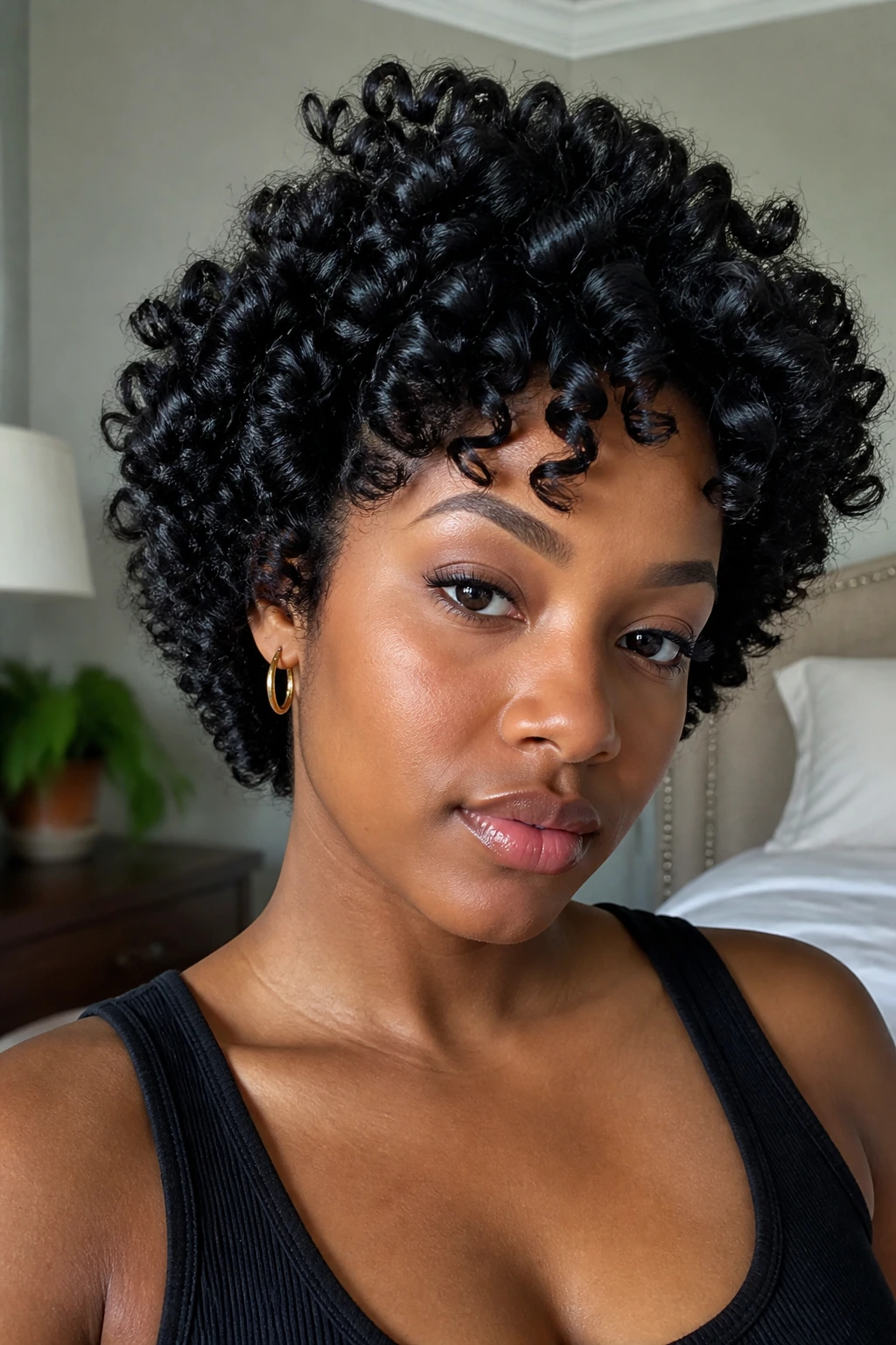 Close-up of a real person with perm rod crochet curls
