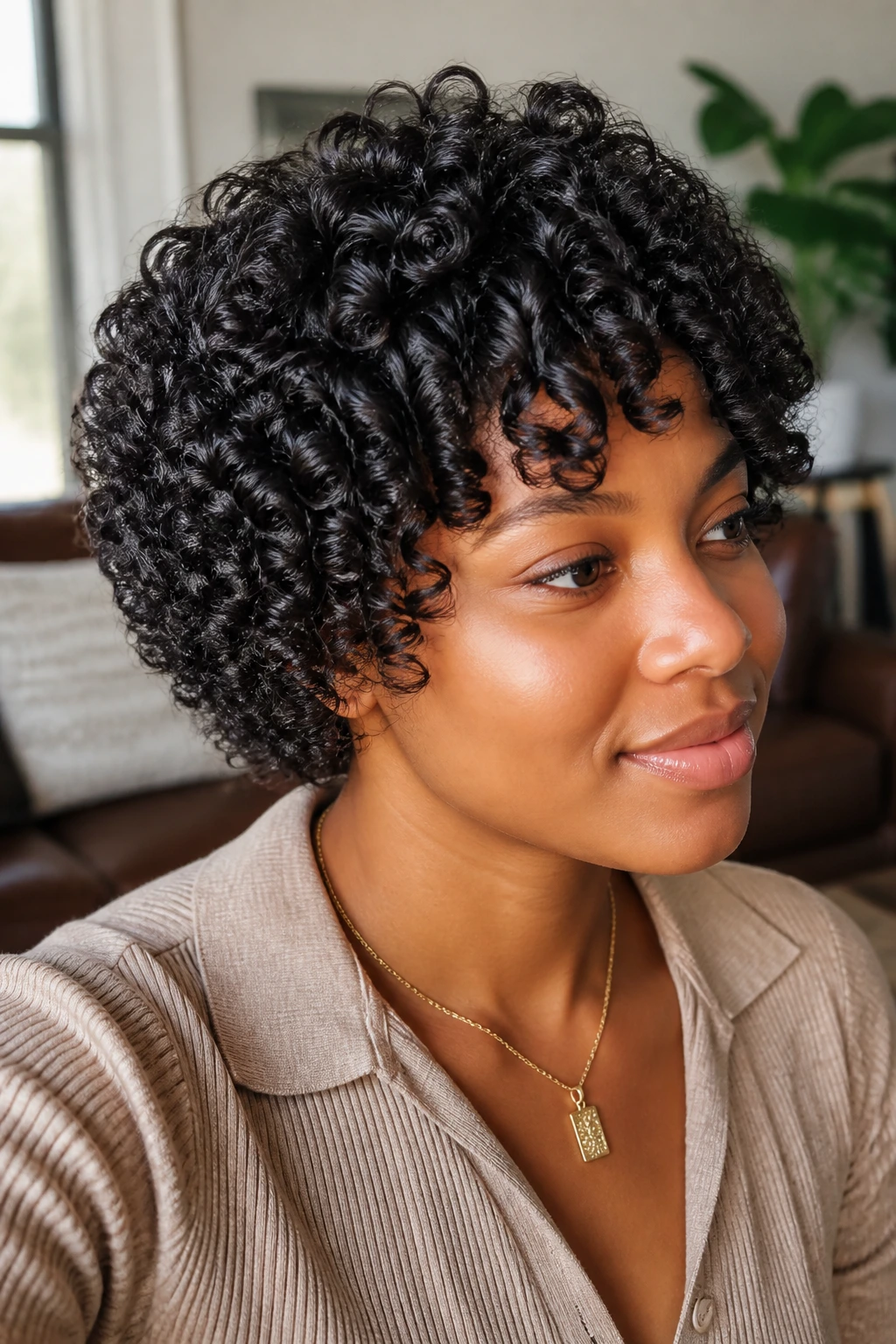 Close-up of a real woman with perm rod set curls in a softly lit room
