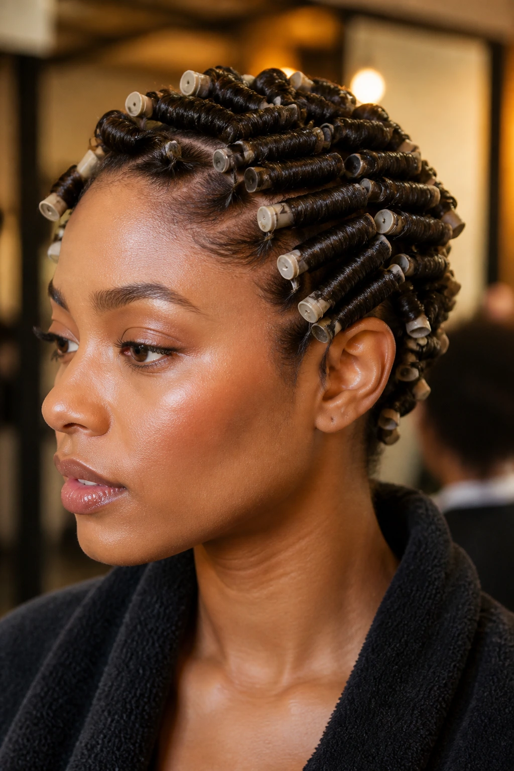 Close-up headshot of real person with short hair in uniform spiral curls from perm rods