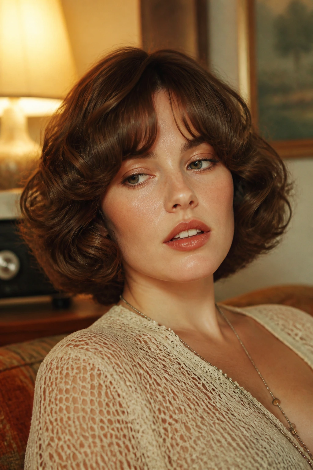 Portrait of a woman with permed retro bob and bangs in a vintage-inspired room