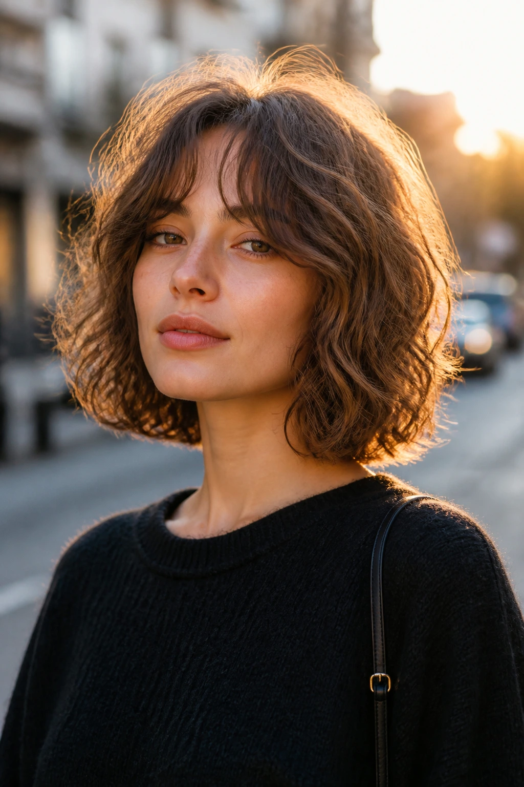 Medium close-up of a real woman with permed waves and curtain bangs outdoors