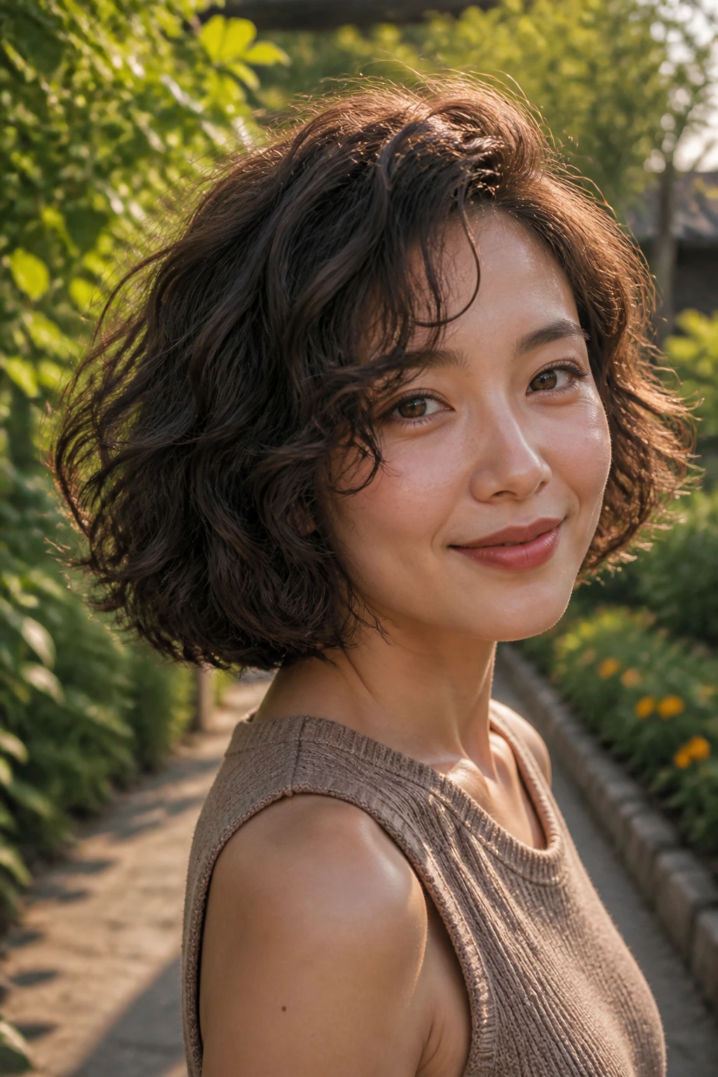 Close-up portrait of a real woman with loose perm waves on a bob in golden hour light