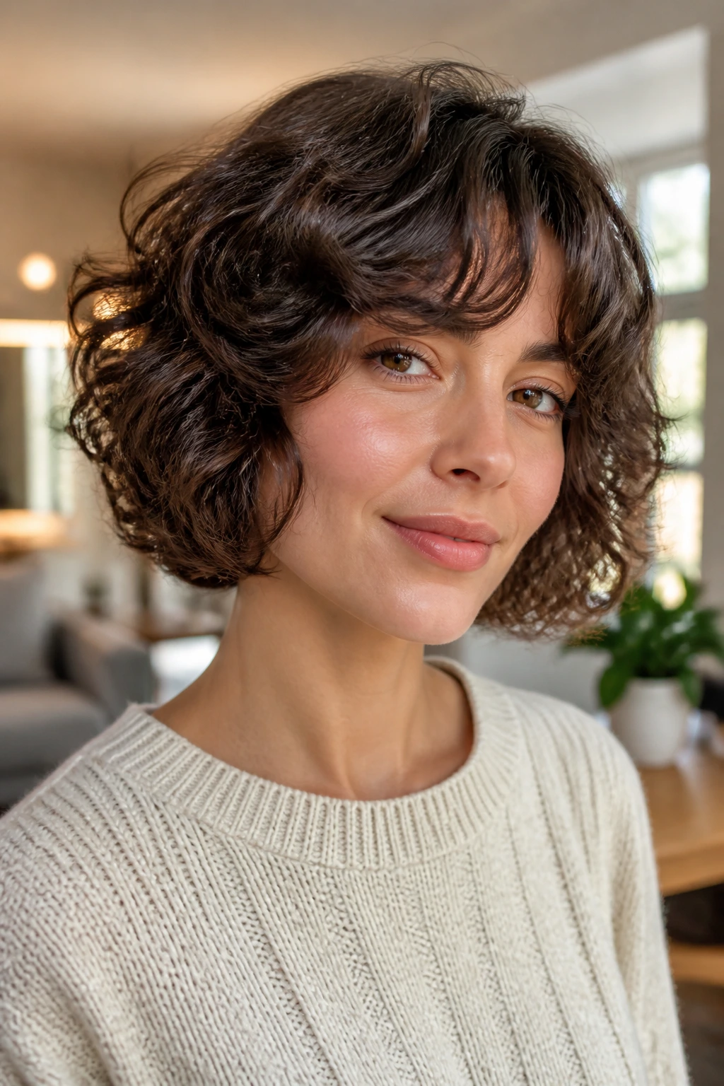 Portrait of a woman with a perm bob and soft waves in warm indoor light