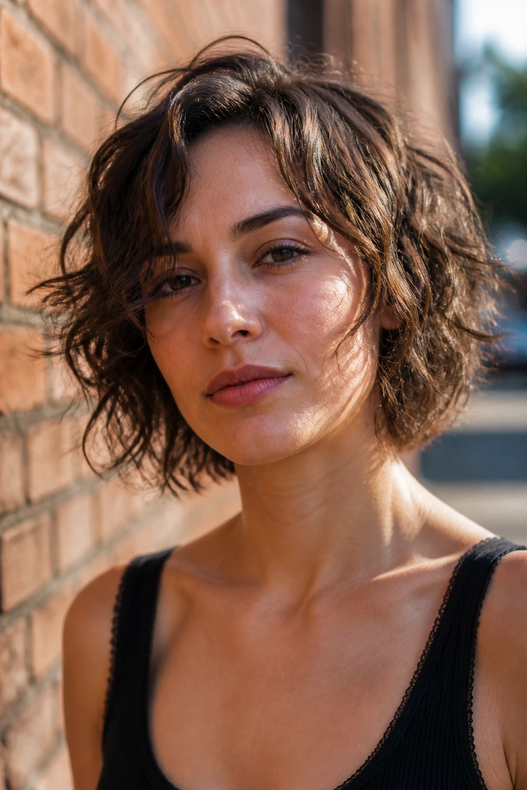 Close-up portrait of a real woman with permed choppy bob and waves