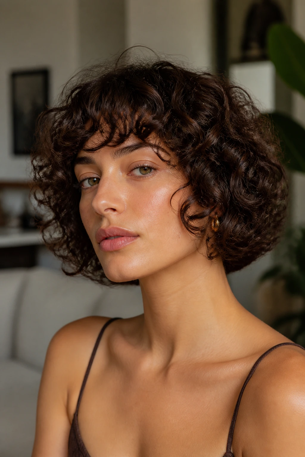 Portrait of a woman with uniform perm texture in a French bob