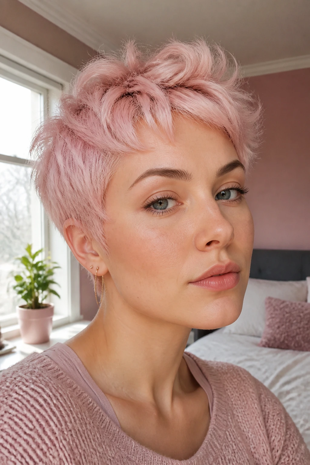 Close-up of a real woman with pale petal pink pixie under bright window light