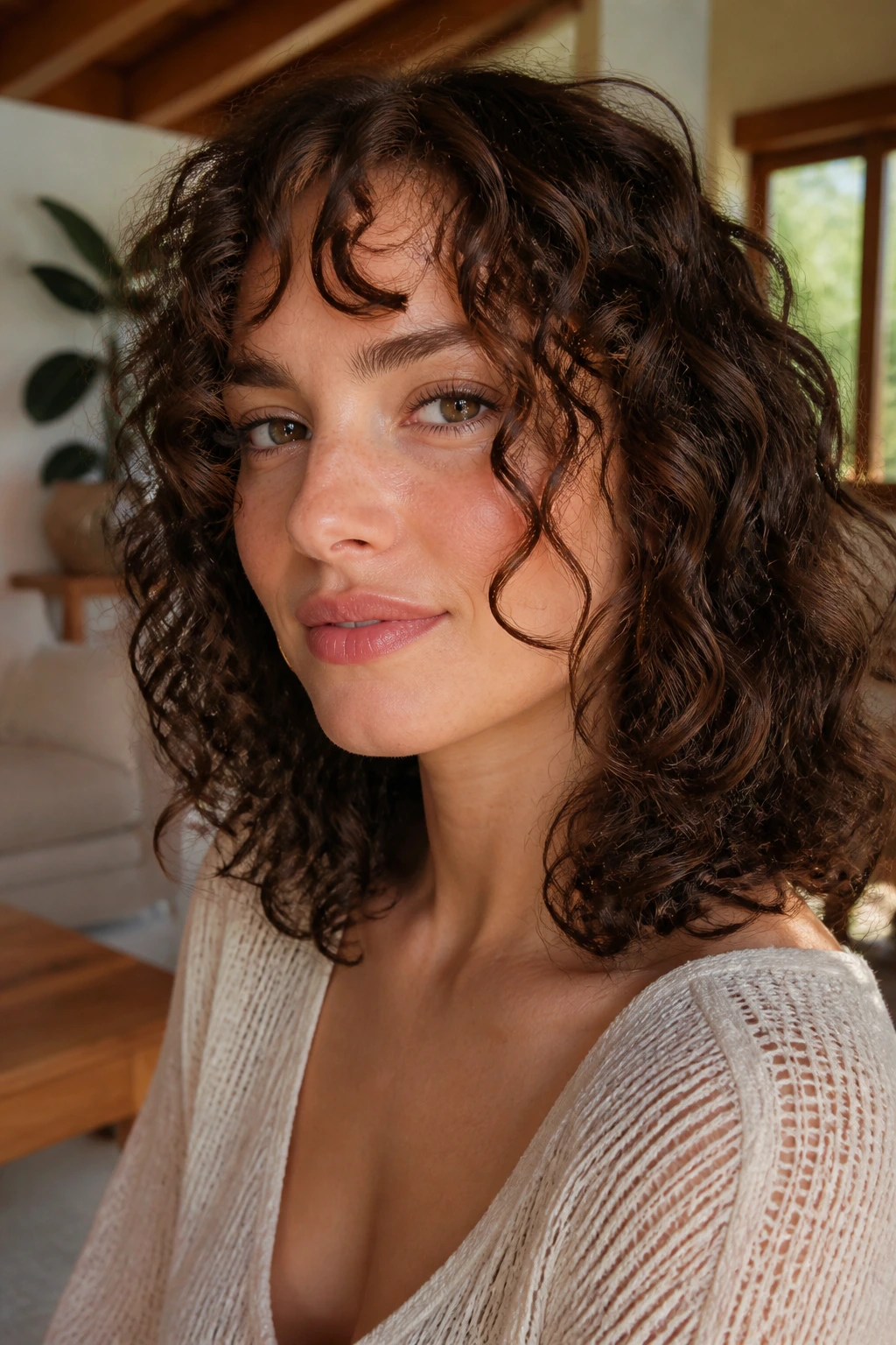 Close-up of a woman with piece-y bangs and classic ringlets in warm indoor light.