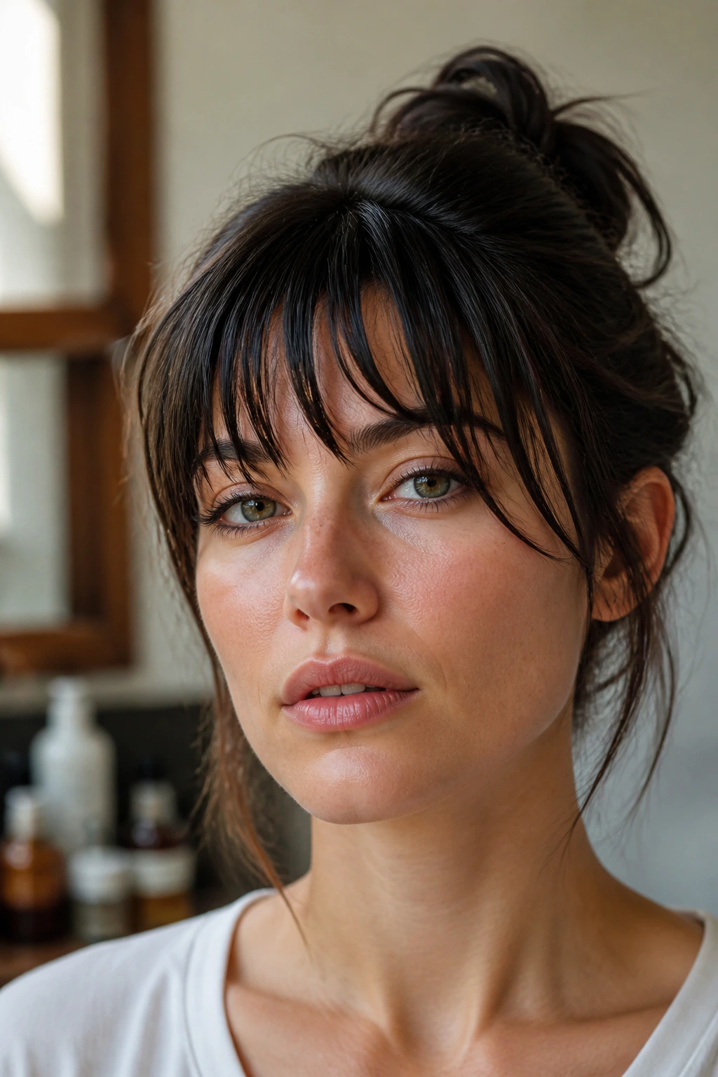 Close-up of a real woman with separated, piece-y thick bangs in natural daylight
