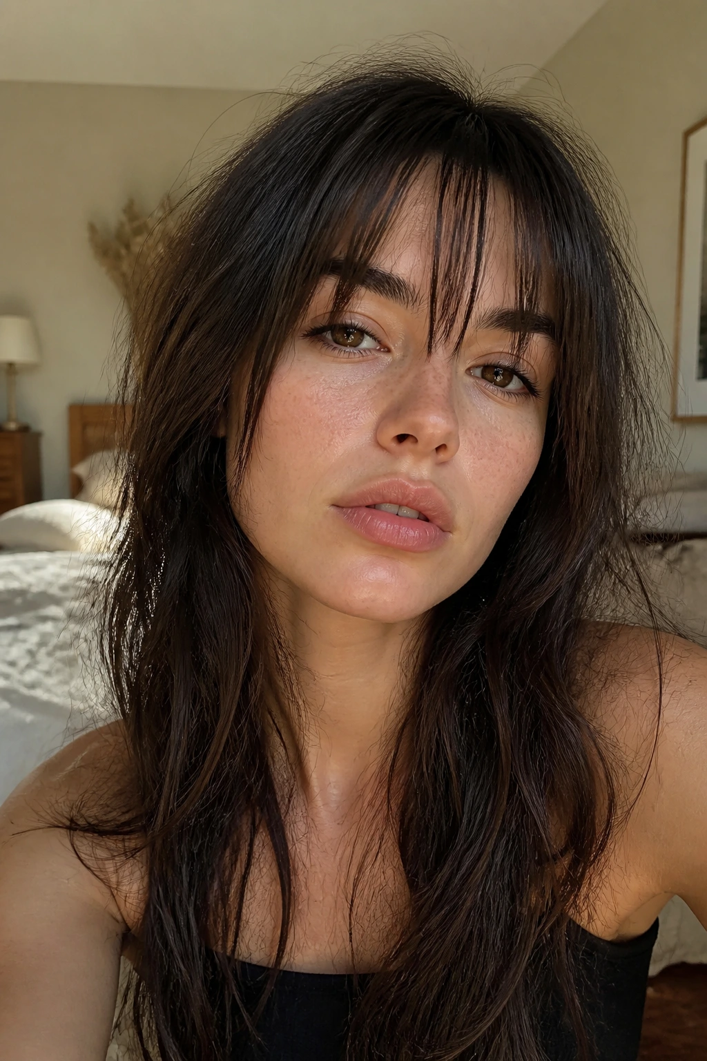 Close-up of a real person with piece-y straight bangs separated across the forehead