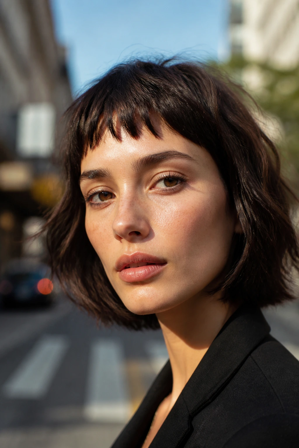 Close-up of a real woman with Piece-Y Choppy Micro-Bangs in morning light